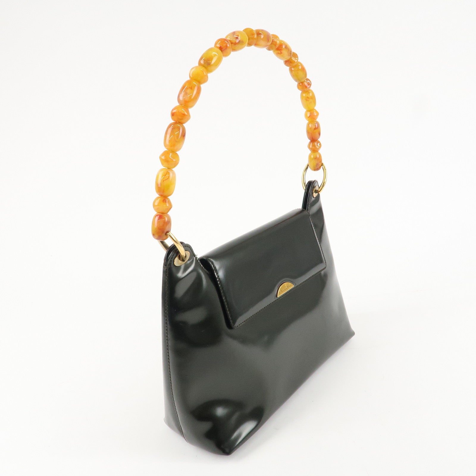 Christian Dior Enamel Leather Maris Pearl Shoulder Bag Hand Bag Khaki Used