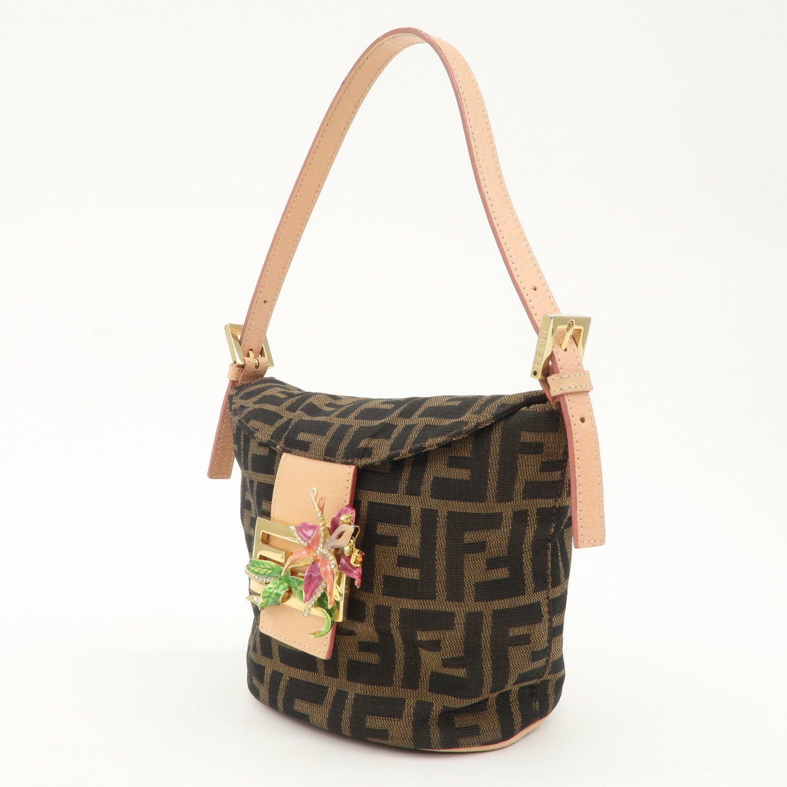 FENDI Zucca Canvas Leather Shoulder Bag Black Pink Flower Motif