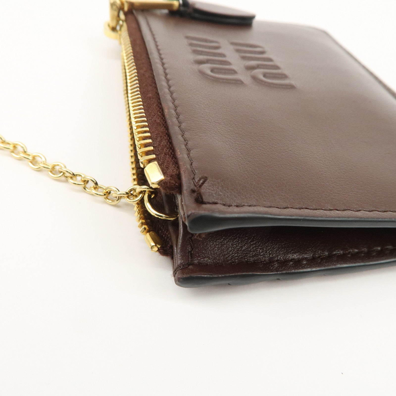 MIU MIU LOGO Leather Coin Case Card Case Brown Used