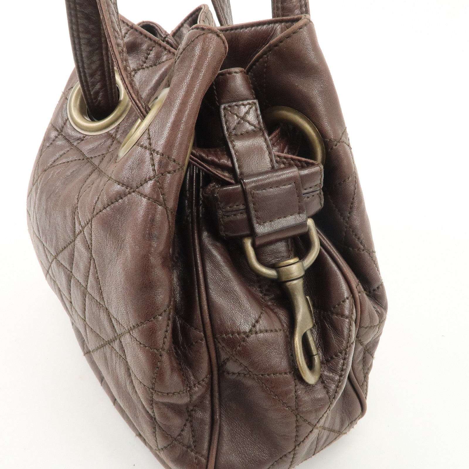 Christian Dior Canage Leather Shoulder Bag Dark Brown Gold Hardware Used