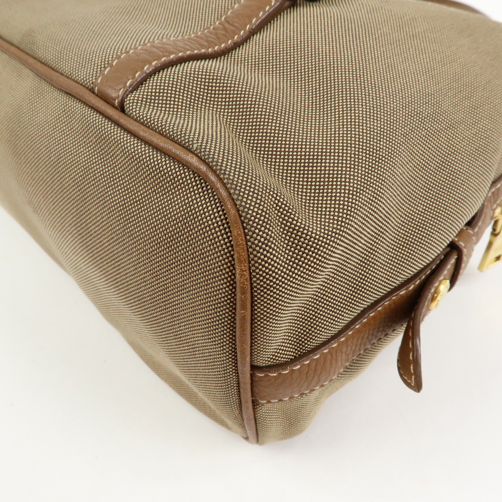 PRADA Logo Canvas Leather Boston Bag Hand Bag Beige Brown BL0600