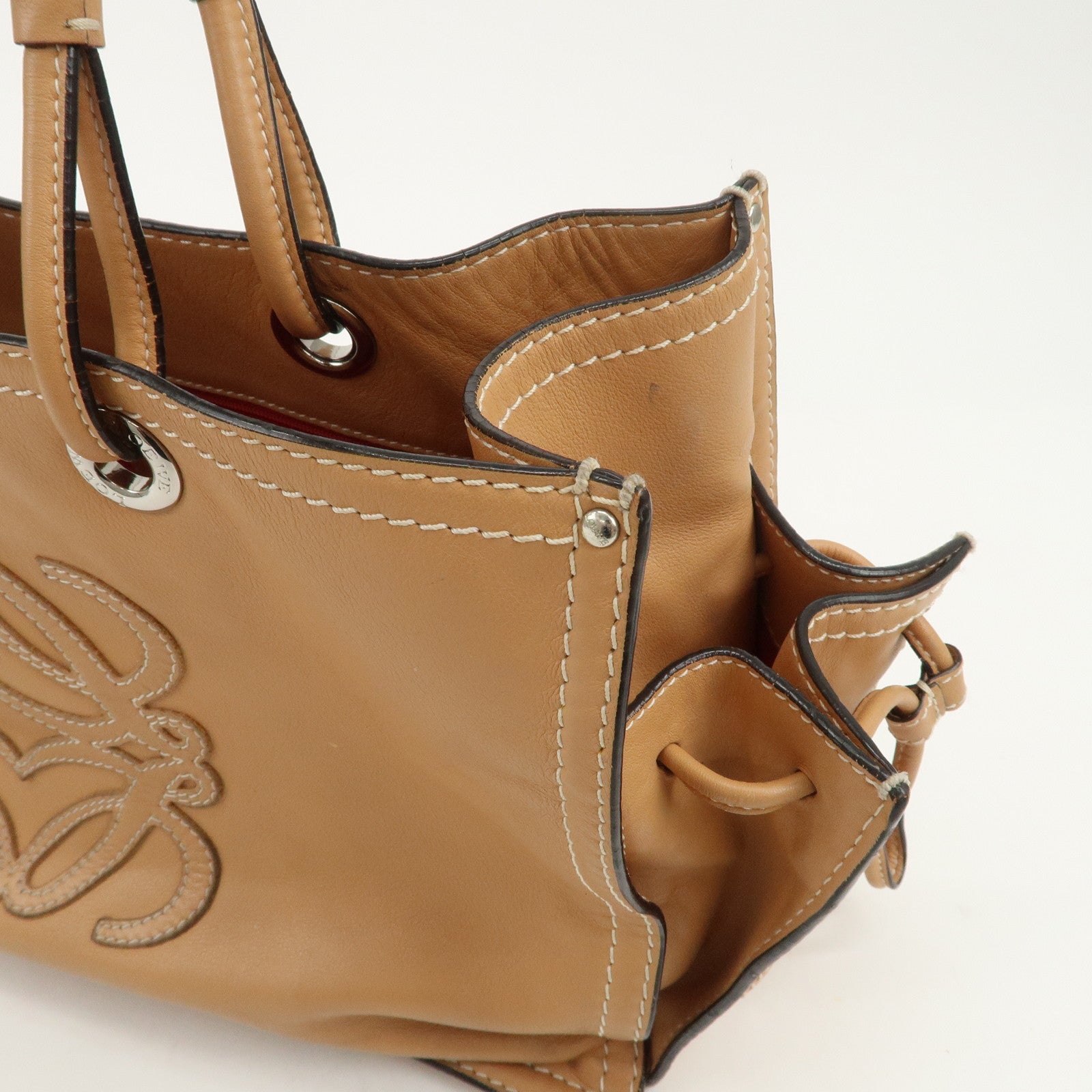 LOEWE Anagram Logo Leather Shopper Tote Bag Shouder Bag Light Brown