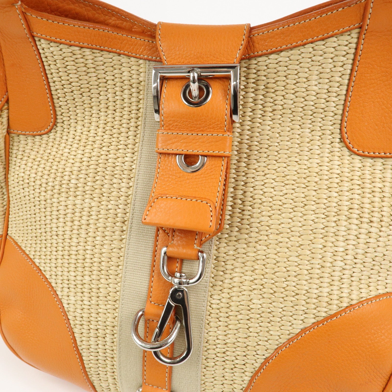 PRADA Logo Raffia Leather Shoulder Bag Hand Bag Orange BR2923