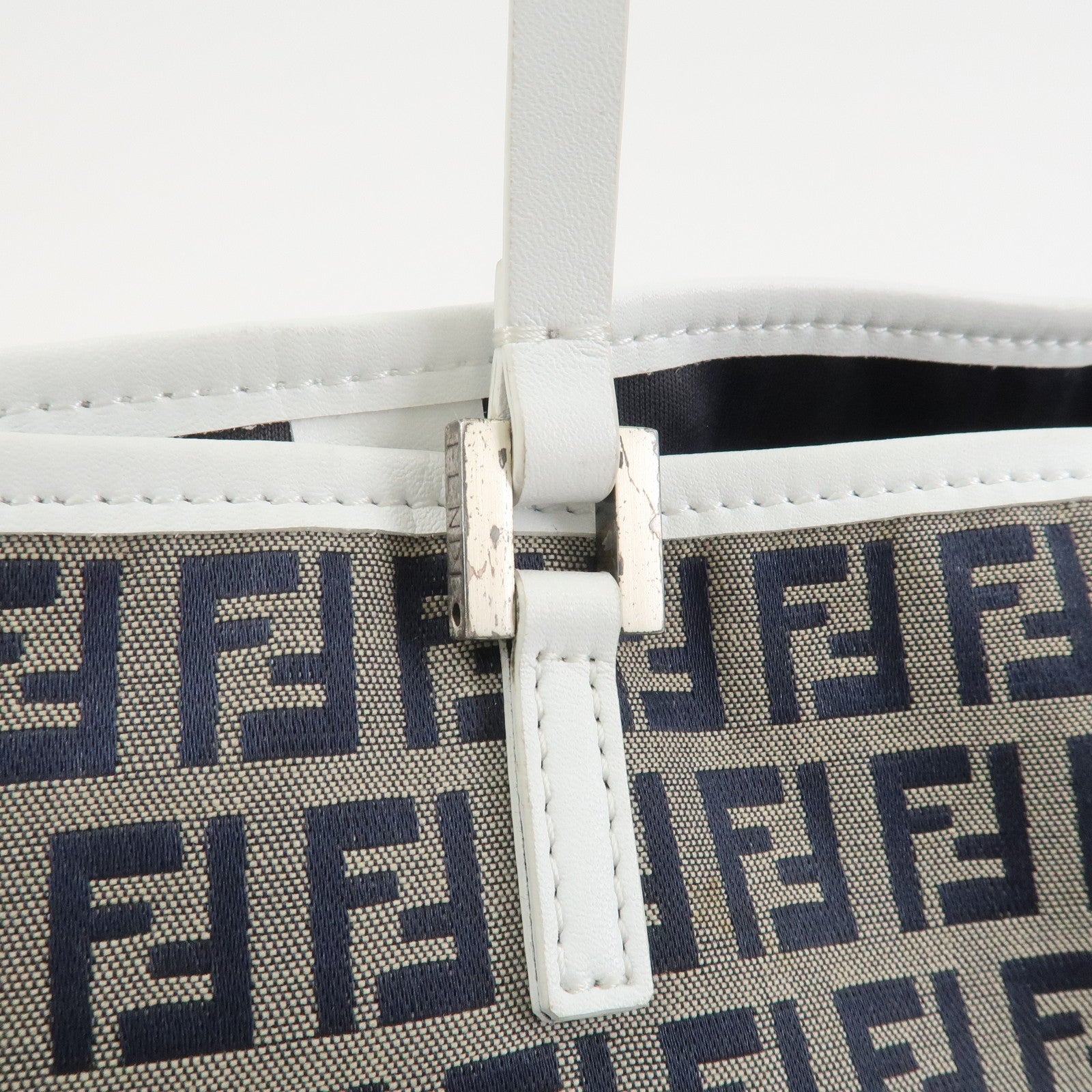 FENDI Zucchino Canvas Leather Tote Bag Hand Bag Navy 8BH006