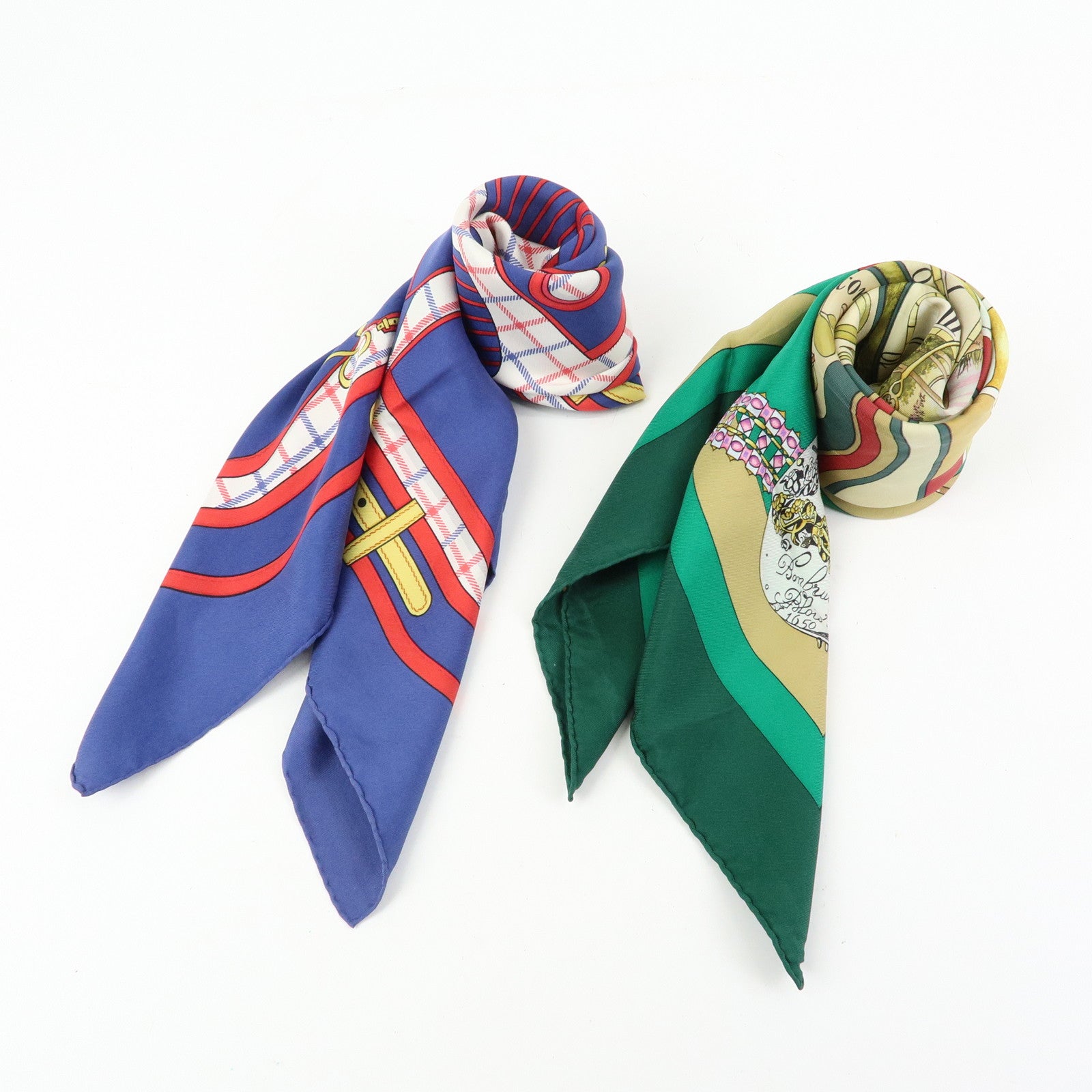 HERMES Carre 90 Set of 2 Silk 100% Scarf Navy Green