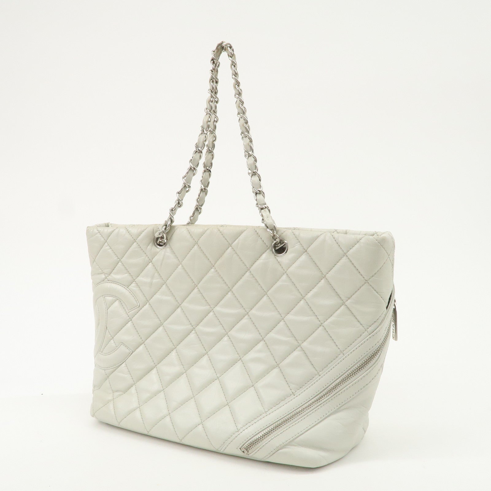 CHANEL Cambon Line Cotton Club Lamb Skin Shoulder Bag Hand Bag White A34318 Used