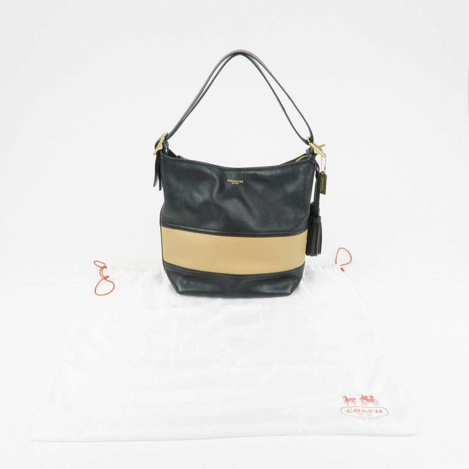COACH Leather Shoulder Bag Tassel Charm Black Beige