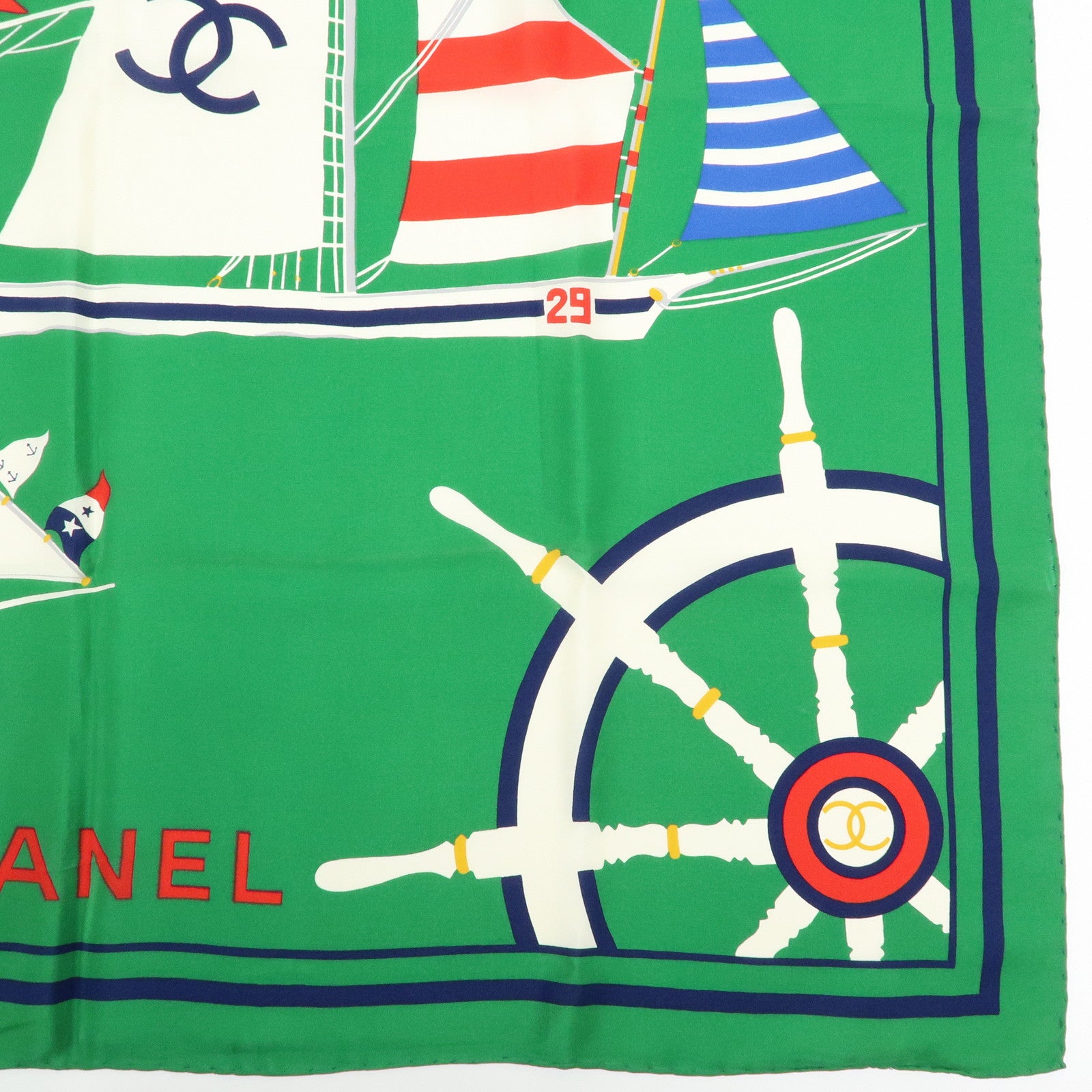 CHANEL COCO Mark Silk100% Scarf Green Navy White Red