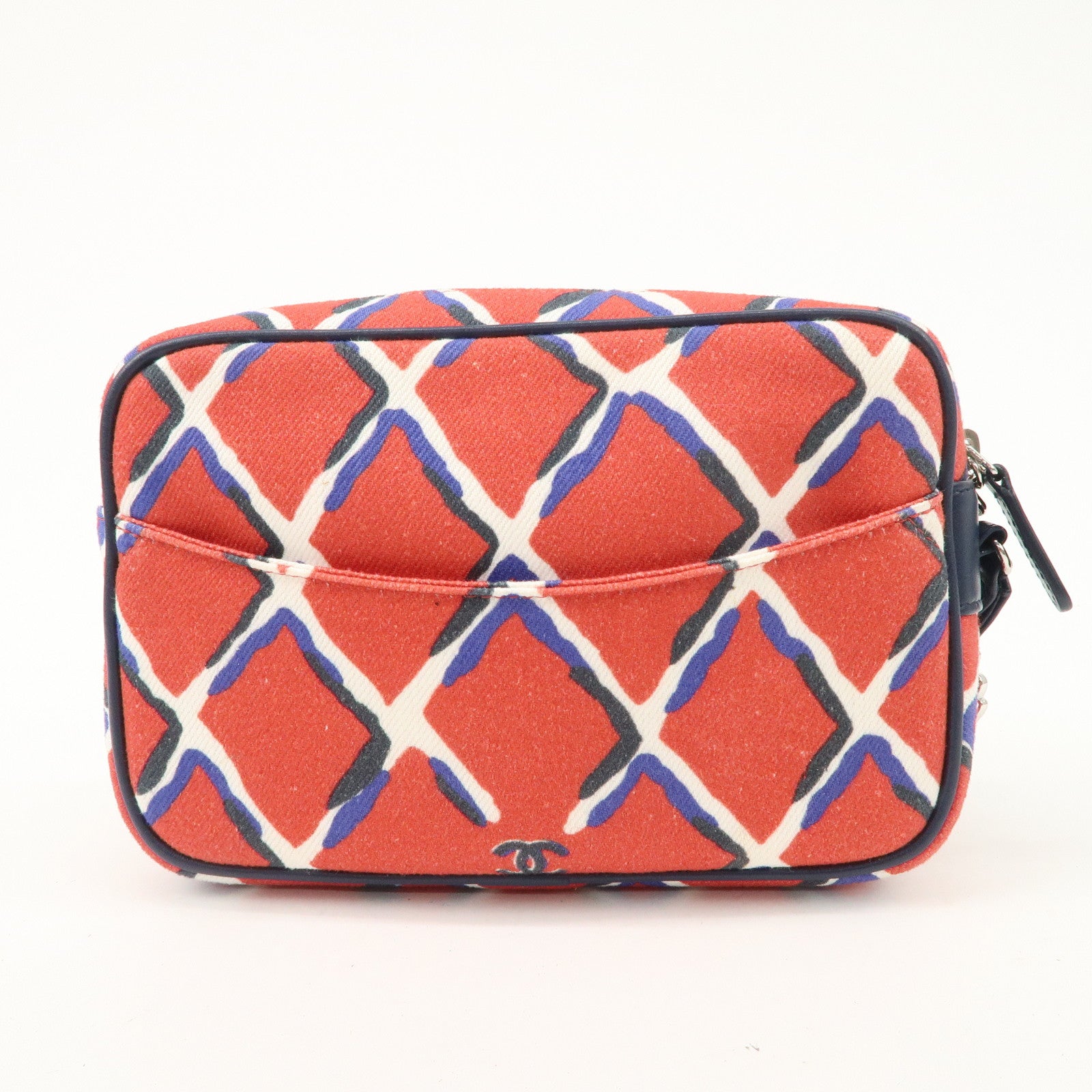 CHANEL COCO Mark COCO Beach Canvas Pouch Red Navy Silver HDW Used