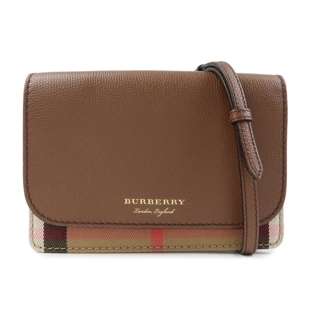 BURBERRY Nova Plaid Leather Canvas Chain Shoulder Bag Brown Beige