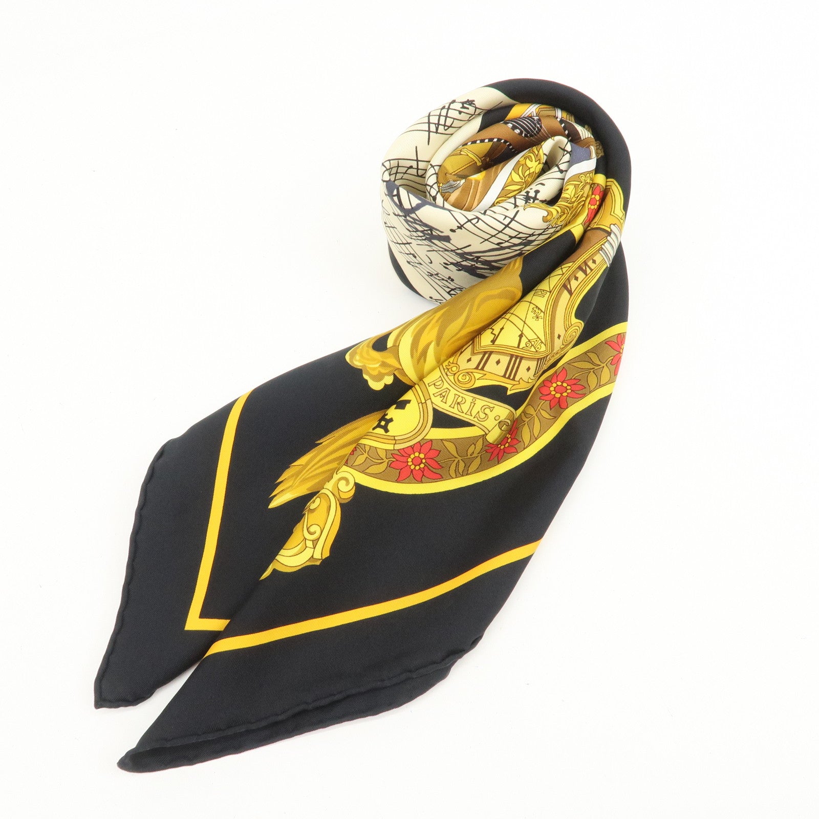 HERMES Carre 90 Silk 100% IN SALZBURG Scarf Black Gold