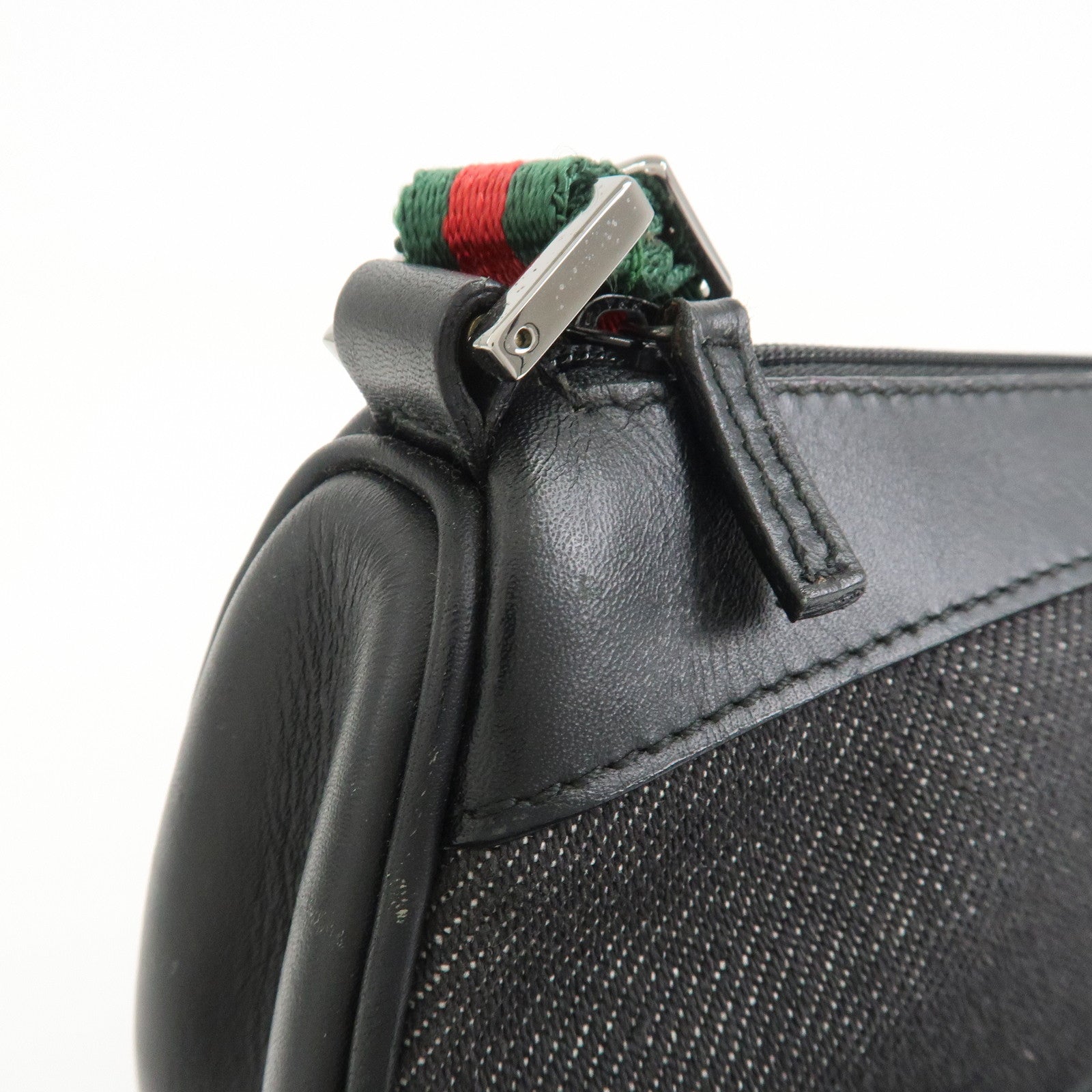 GUCCI Sherry Denim Leather Accessory Pouch Hand Bag Black 92820