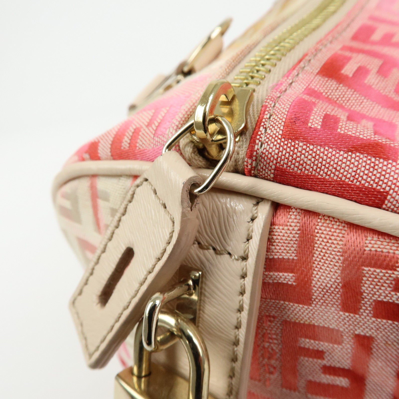 FENDI Zucchino Canvas Leather Mini Boston Bag Hand Bag Pink Ivory