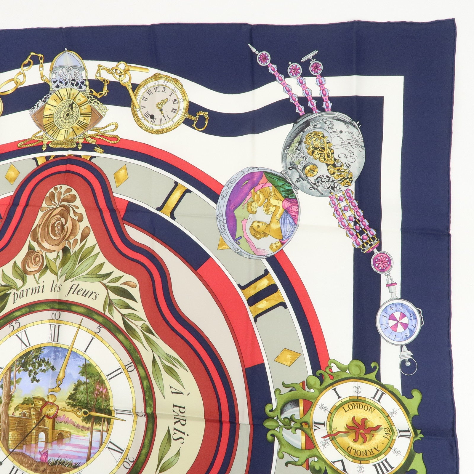 HERMES Carre 90 Silk 100% Scarf Clock Print Navy White Multicolor