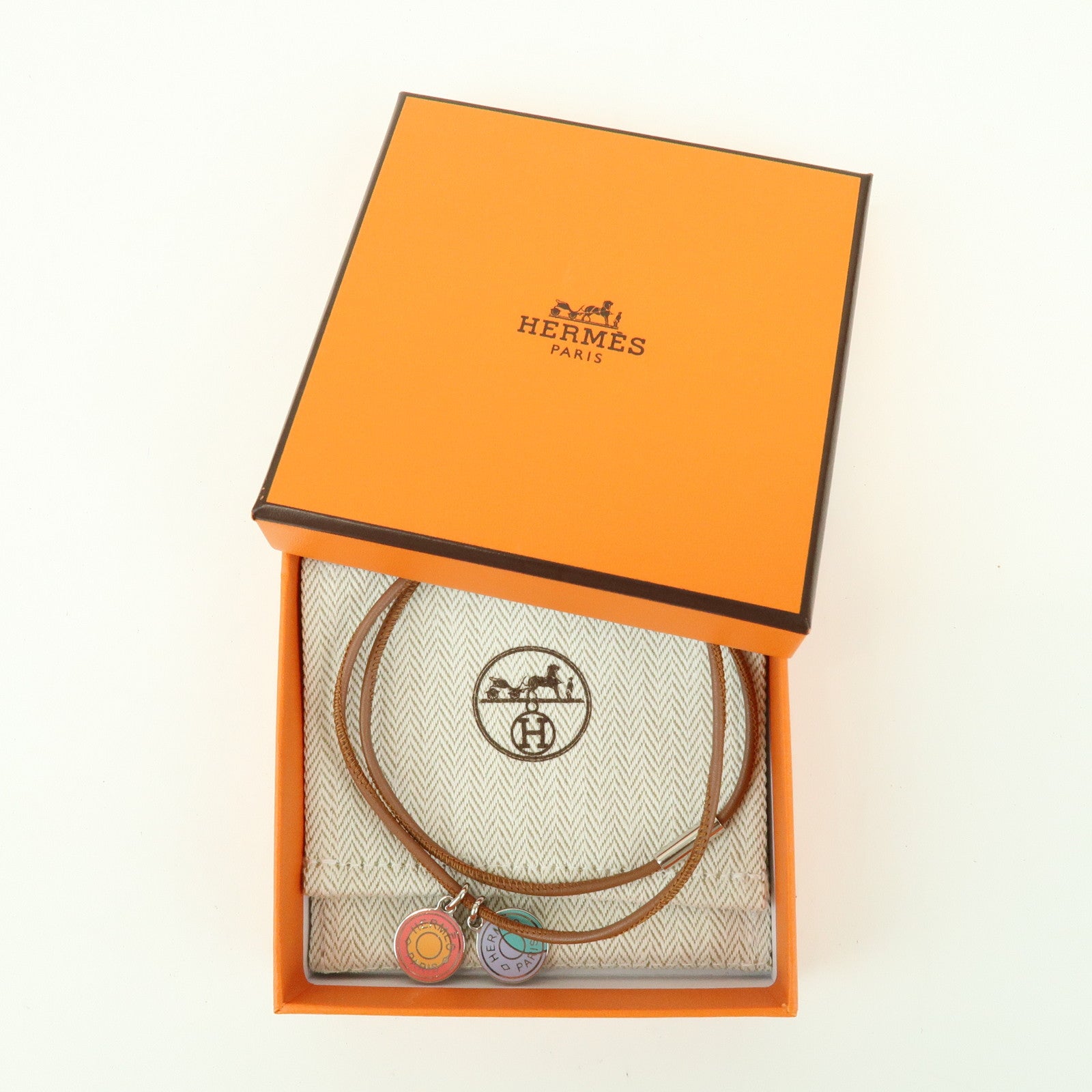 HERMES Logo Leather Metal Necklace Brown Pink Light Blue