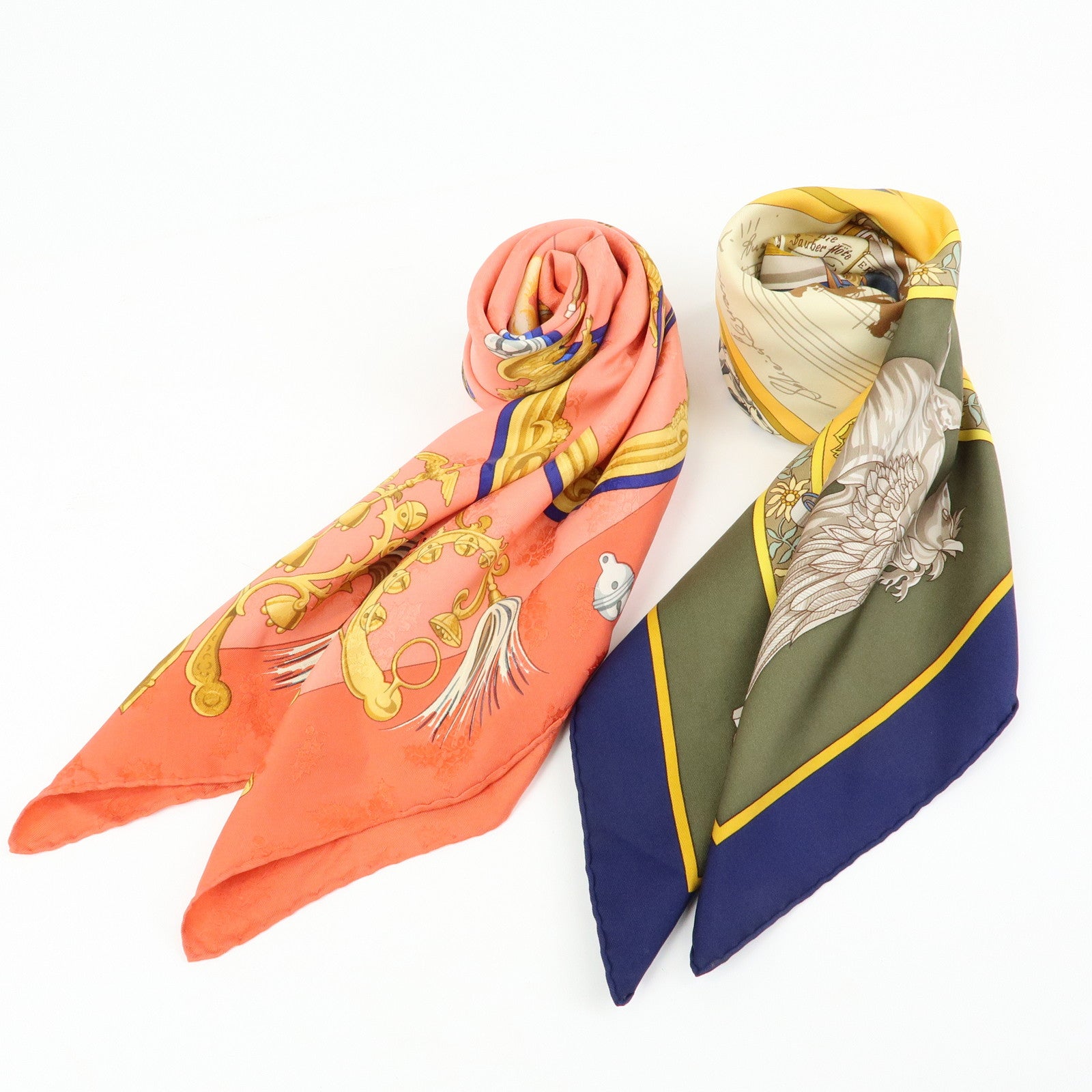 HERMES Carre 90 Set of 2 Silk 100% Scarf Pink Yellow Green