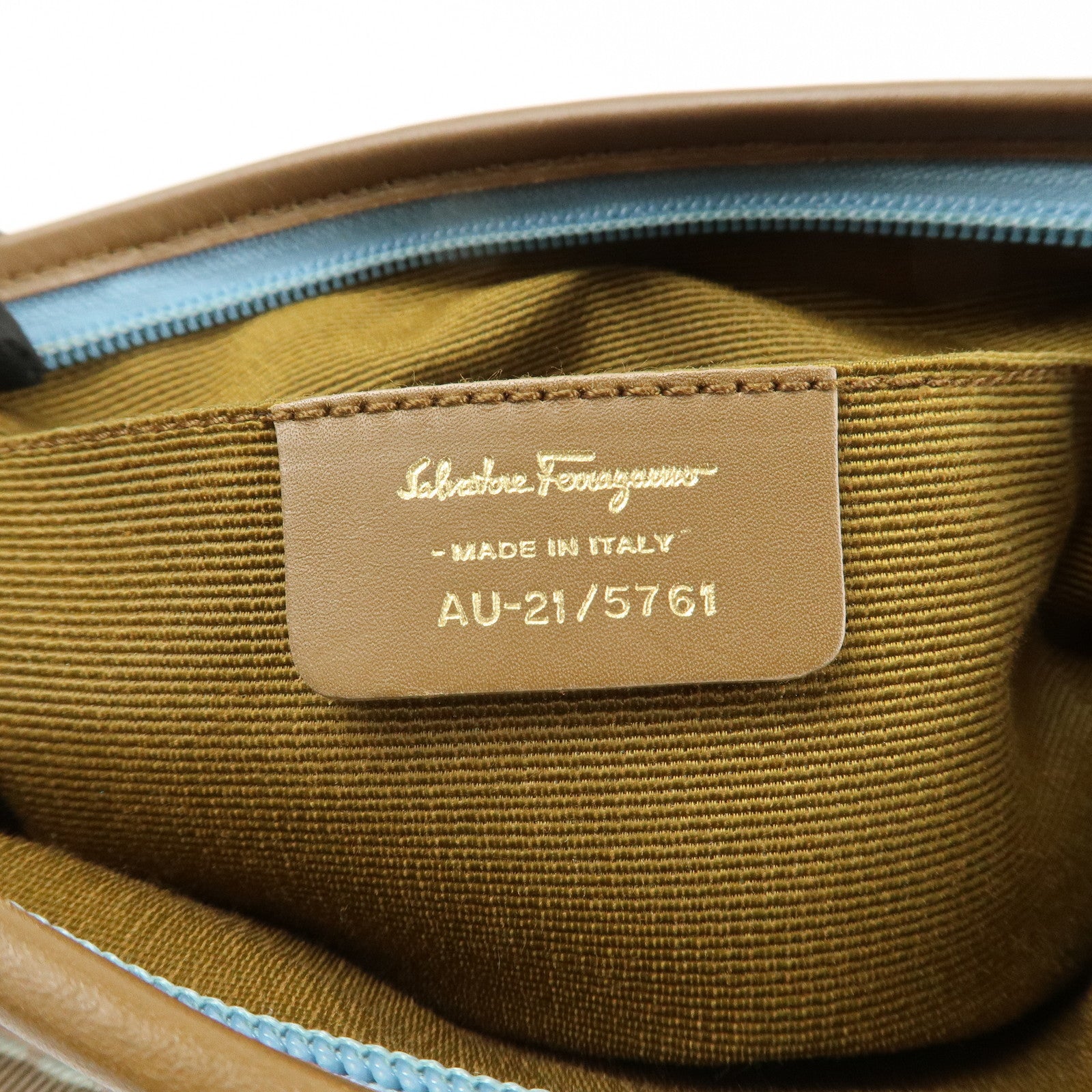 Ferragamo Gancini Logo Canvas Leather Shoulder Bag Light Blue Brown