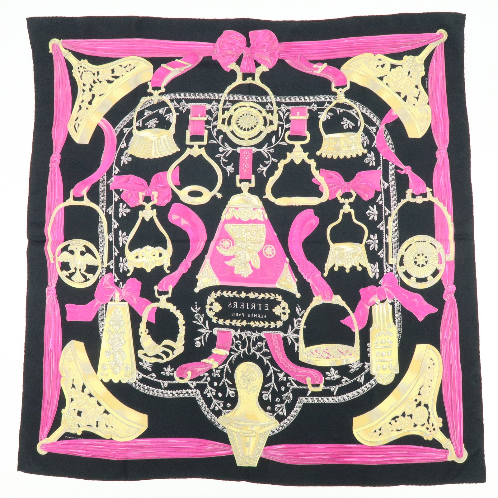 HERMES Carre 90 Silk 100% Scarf ETRIERS Stirrup Print Black Pink