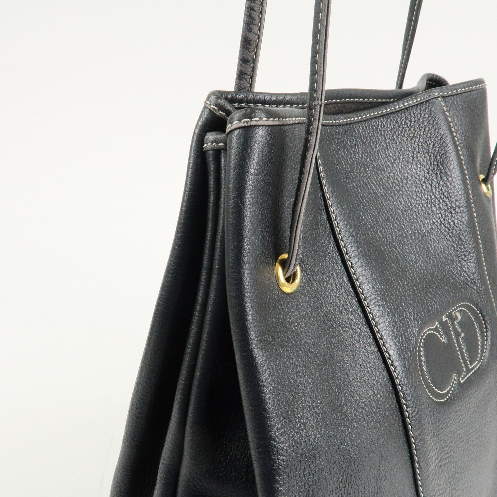 Christian Dior Leather CD Logo Drawstring Shoulder Bag Black Used