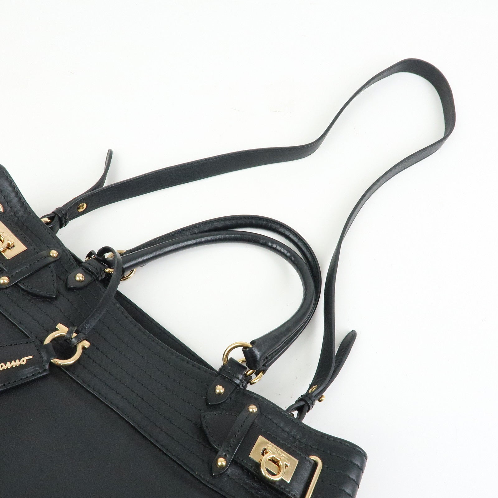 Ferragamo Gancini Leather Tote Bag Hand Bag Black