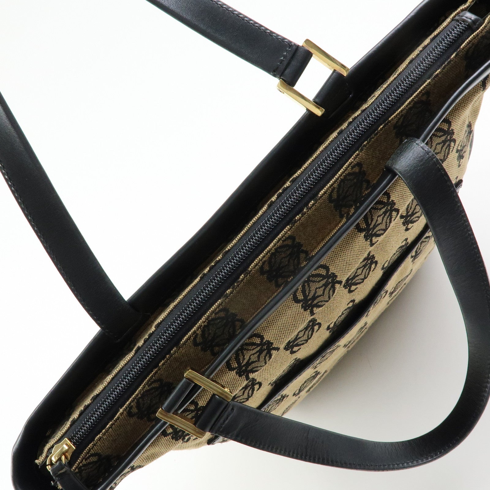 LOEWE Anagram Jacquard Canvas Leather Tote Bag Beige Black