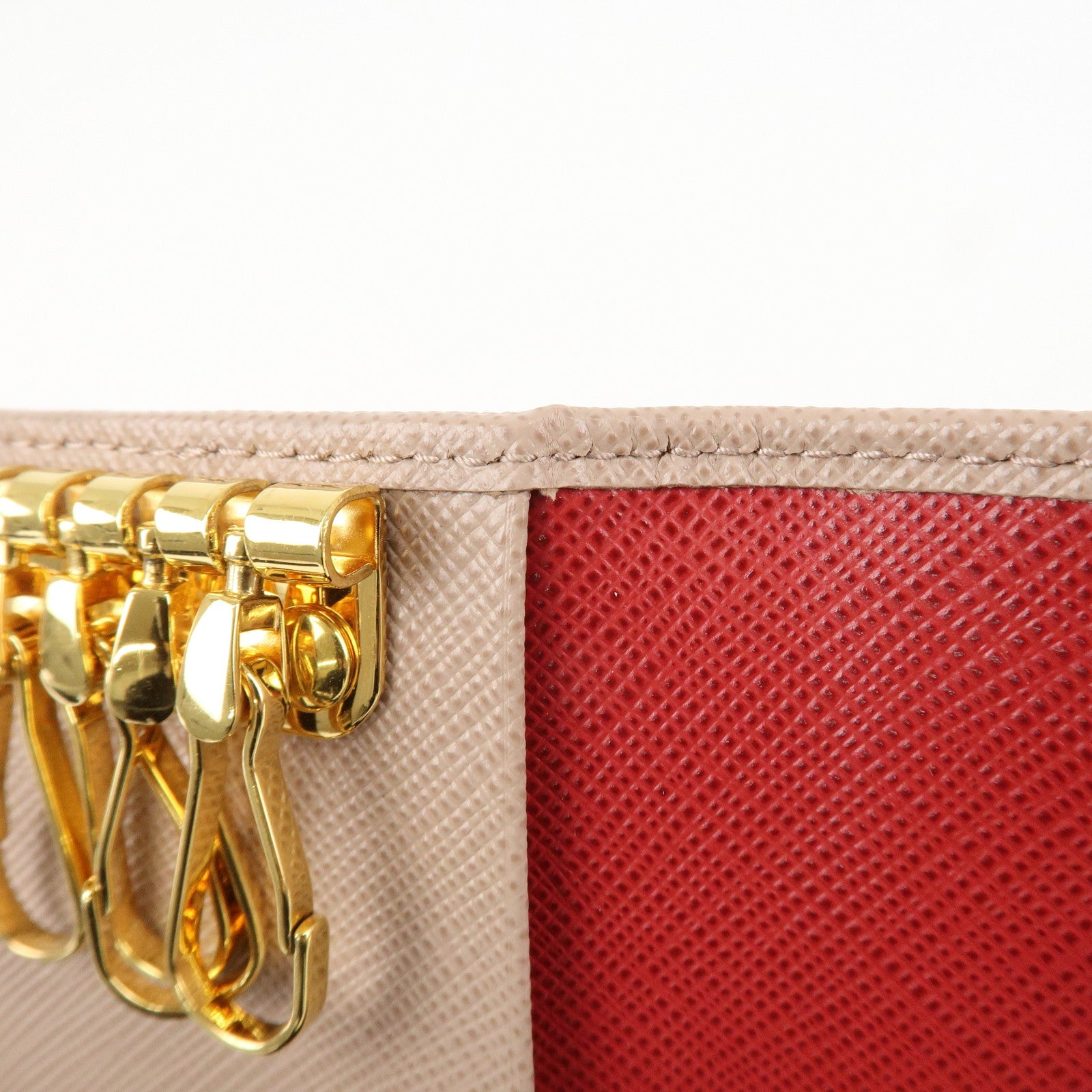 PRADA Logo Leather 4 Rings Key Case Key Holder Beige 1PG004 Used