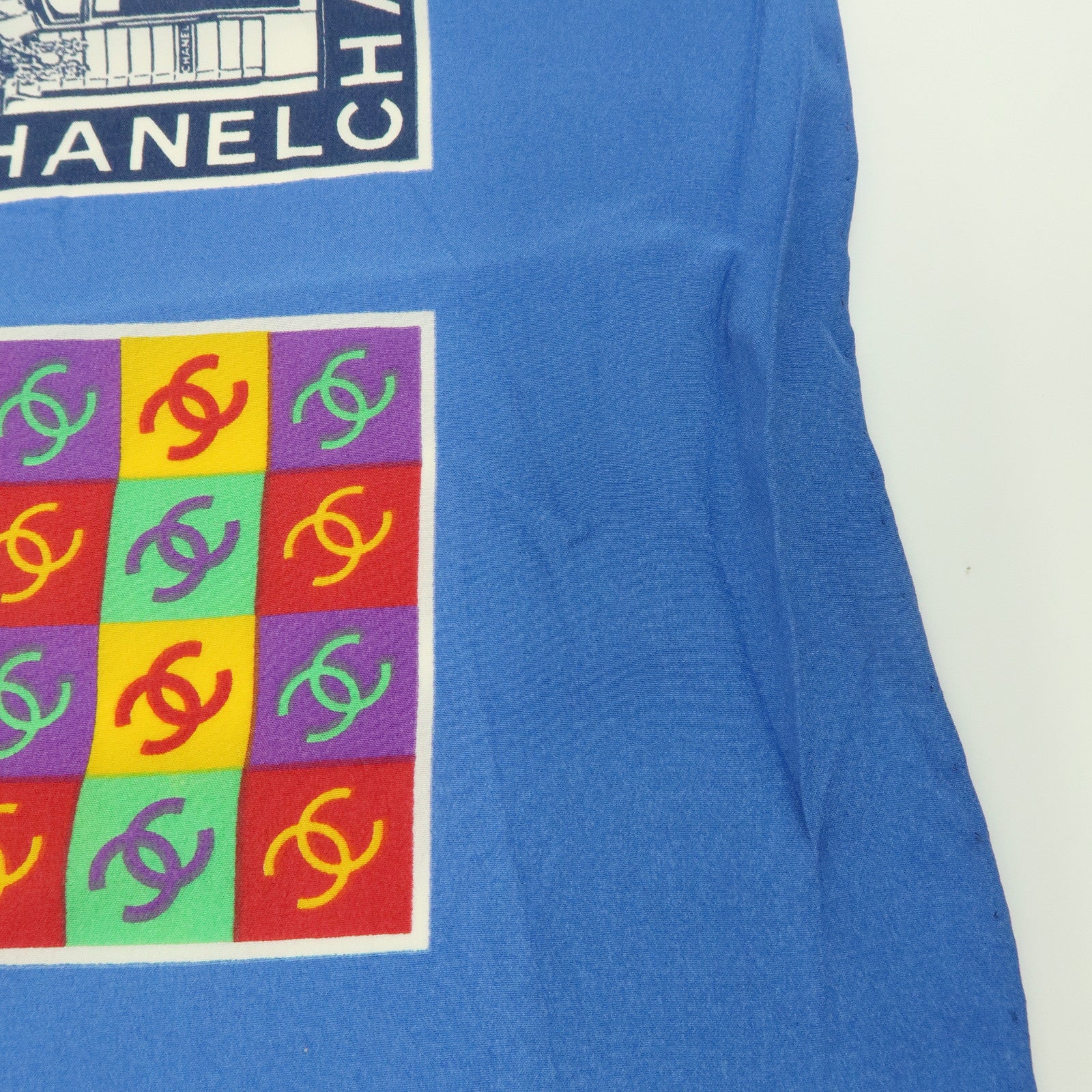 CHANEL COCO Mark Silk 100% Scarf Logo Print Blue Multicolor