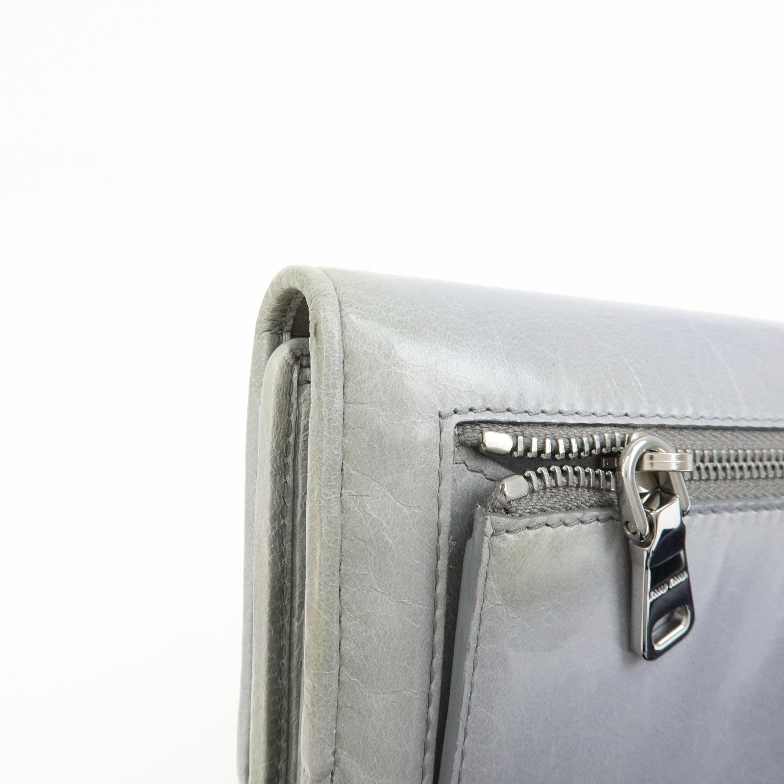 MIU MIU Vitello Shine Fur Flap Long Wallet Gray 5MH109