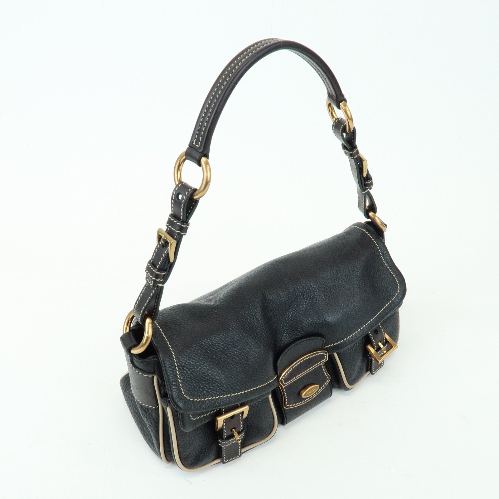 PRADA Logo Leather Stitch Shoulder Bag Hand Bag Black