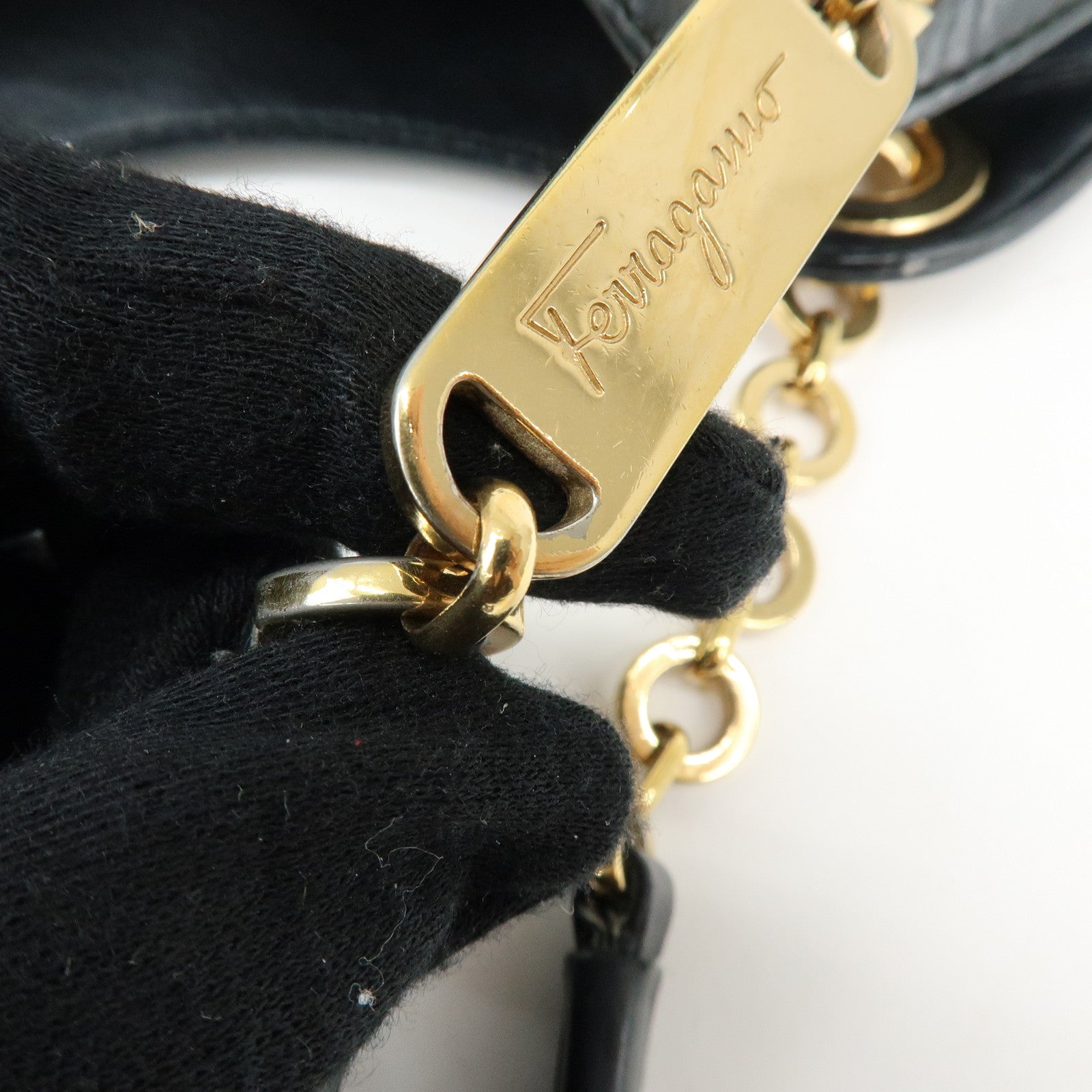 Ferragamo Gancini Leather Chain Tote Bag Shoulder Bag Black