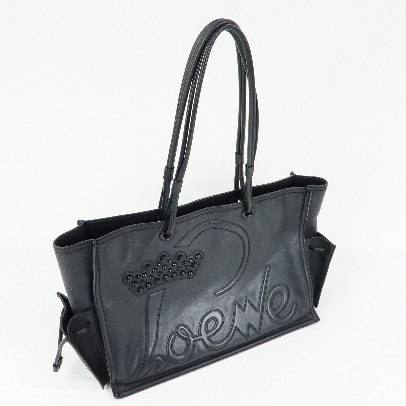 LOEWE Logo Studs Leather Shopper Tote Bag Shoulder Bag Black