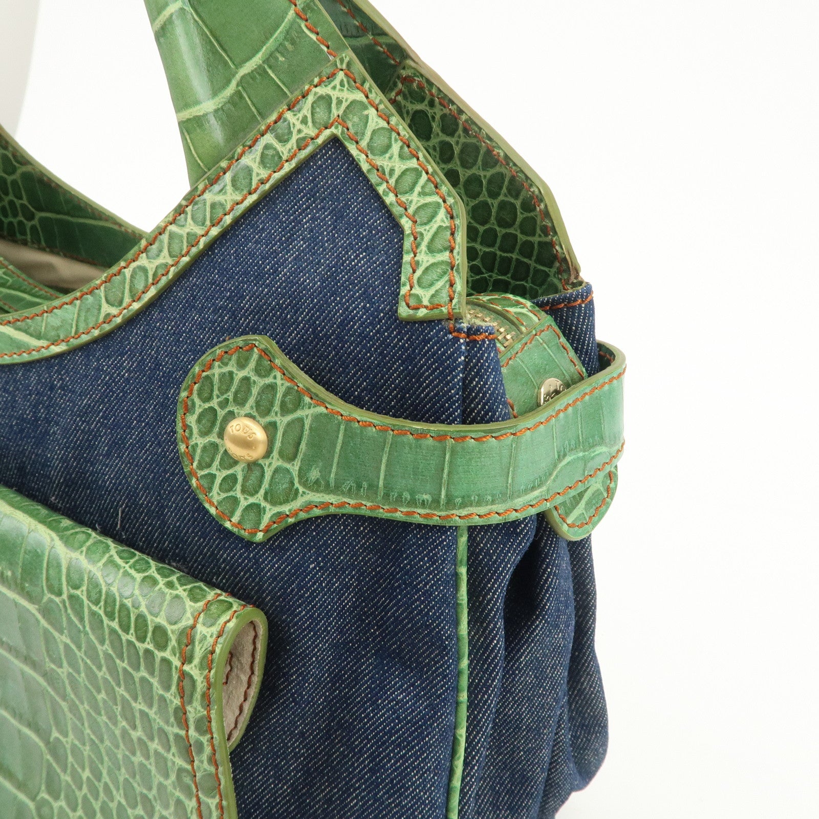 TOD’S Logo Denim Emboss Leather Hand Bag Shoulder Bag Blue Green