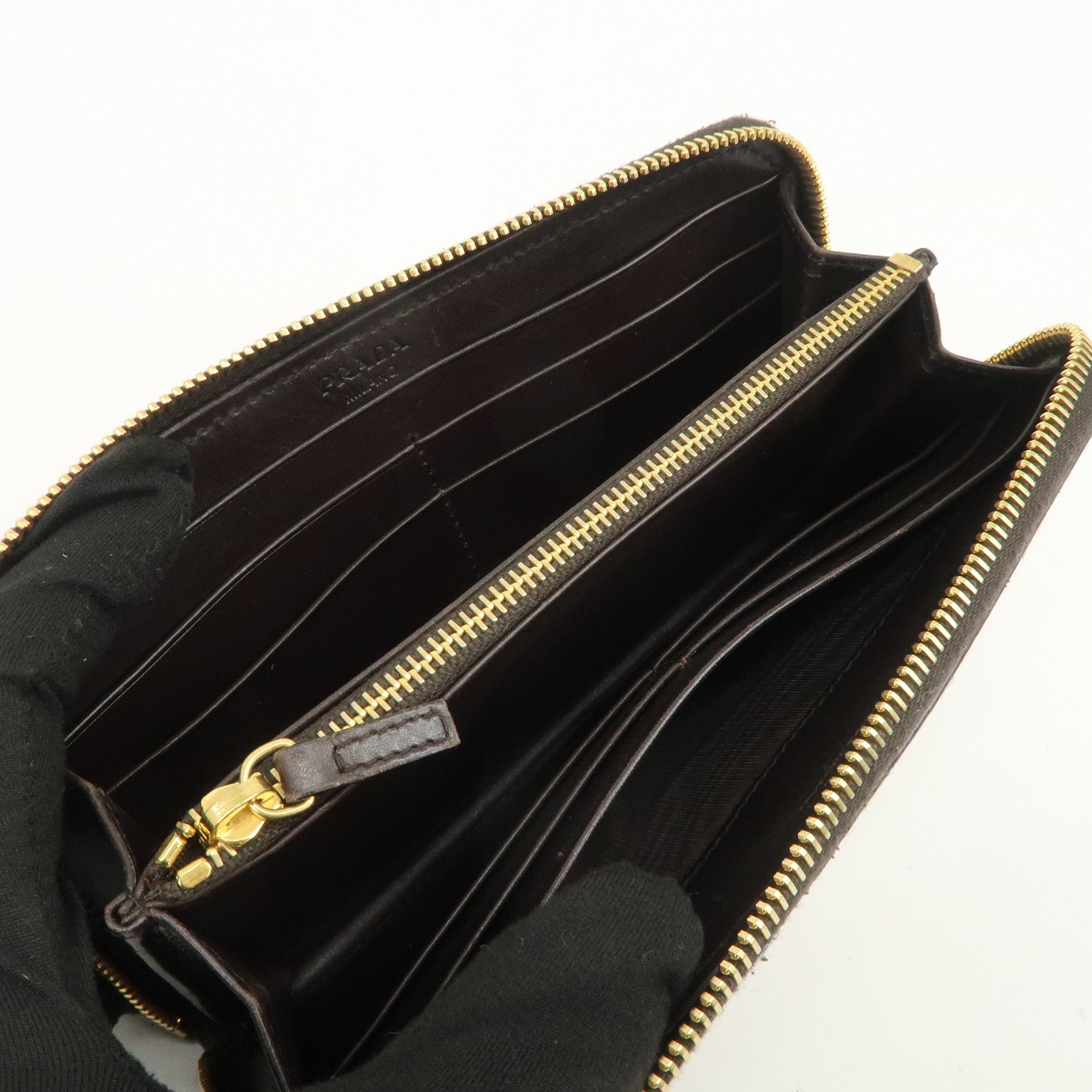PRADA Unborn Calf Leather Round Zippy Wallet Beige Brown 1M0506