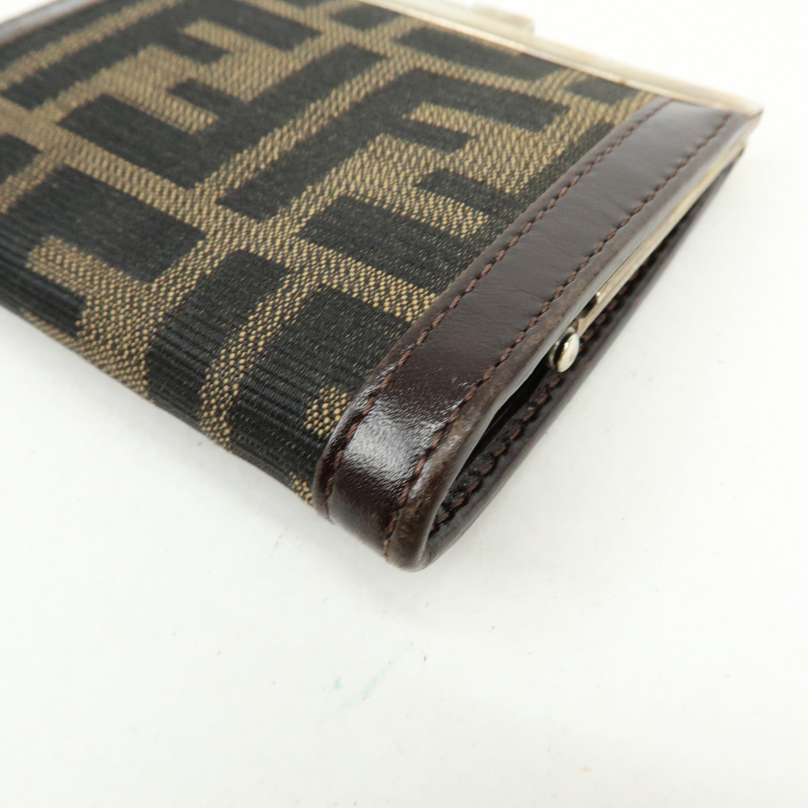 FEND Zucca Canvas Leather Compact Wallet Coin Case Brown