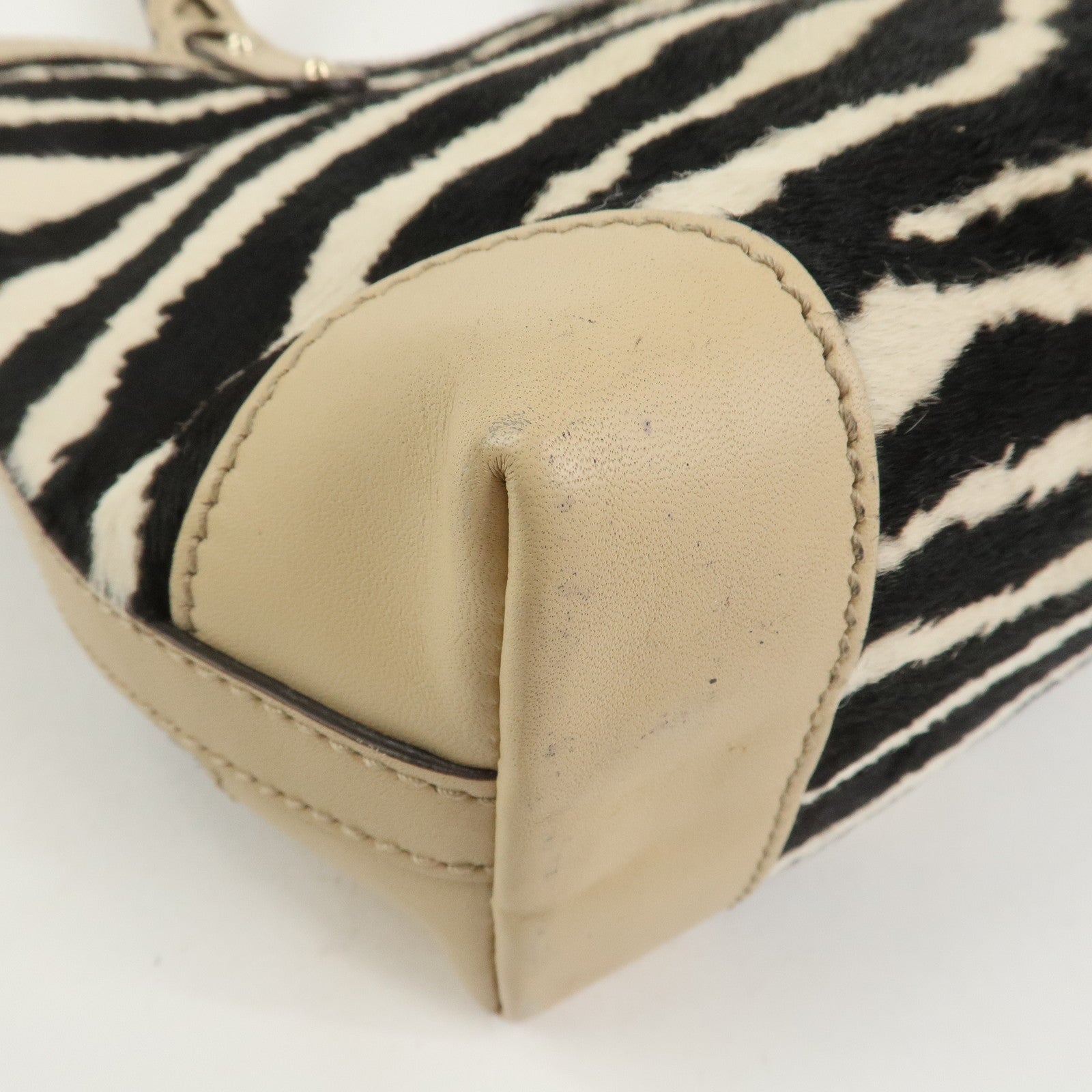 GUCCI Pony Hair Leather Shoulder Bag Hand Bag Beige Black 269878