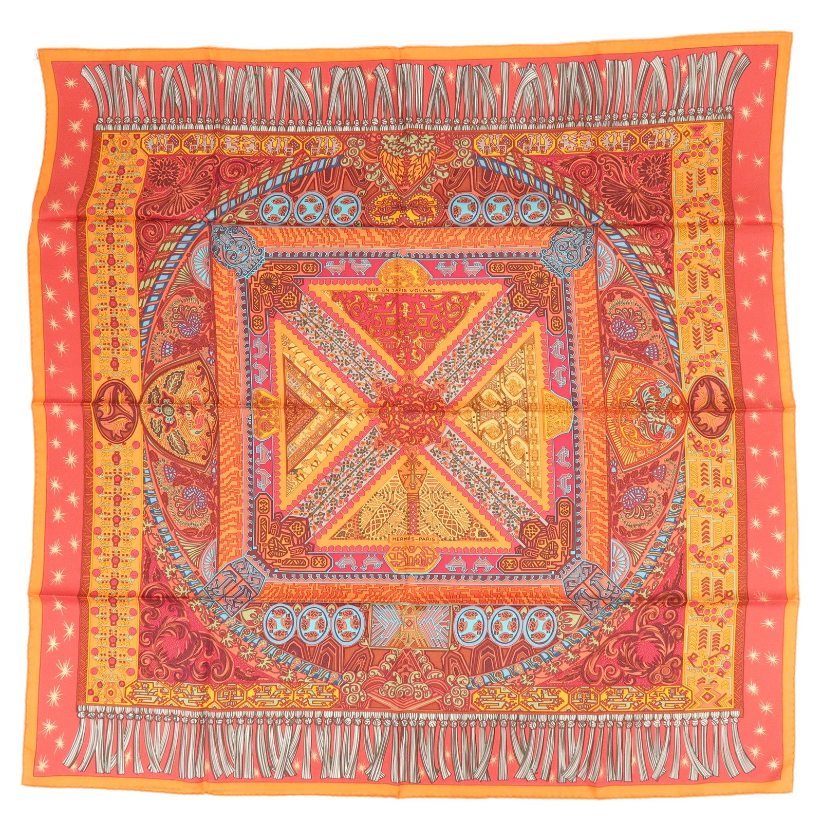 HERMES Carre 90 Silk 100% Scarf SUR UN TAPIS VOLANT Orange Red Blue
