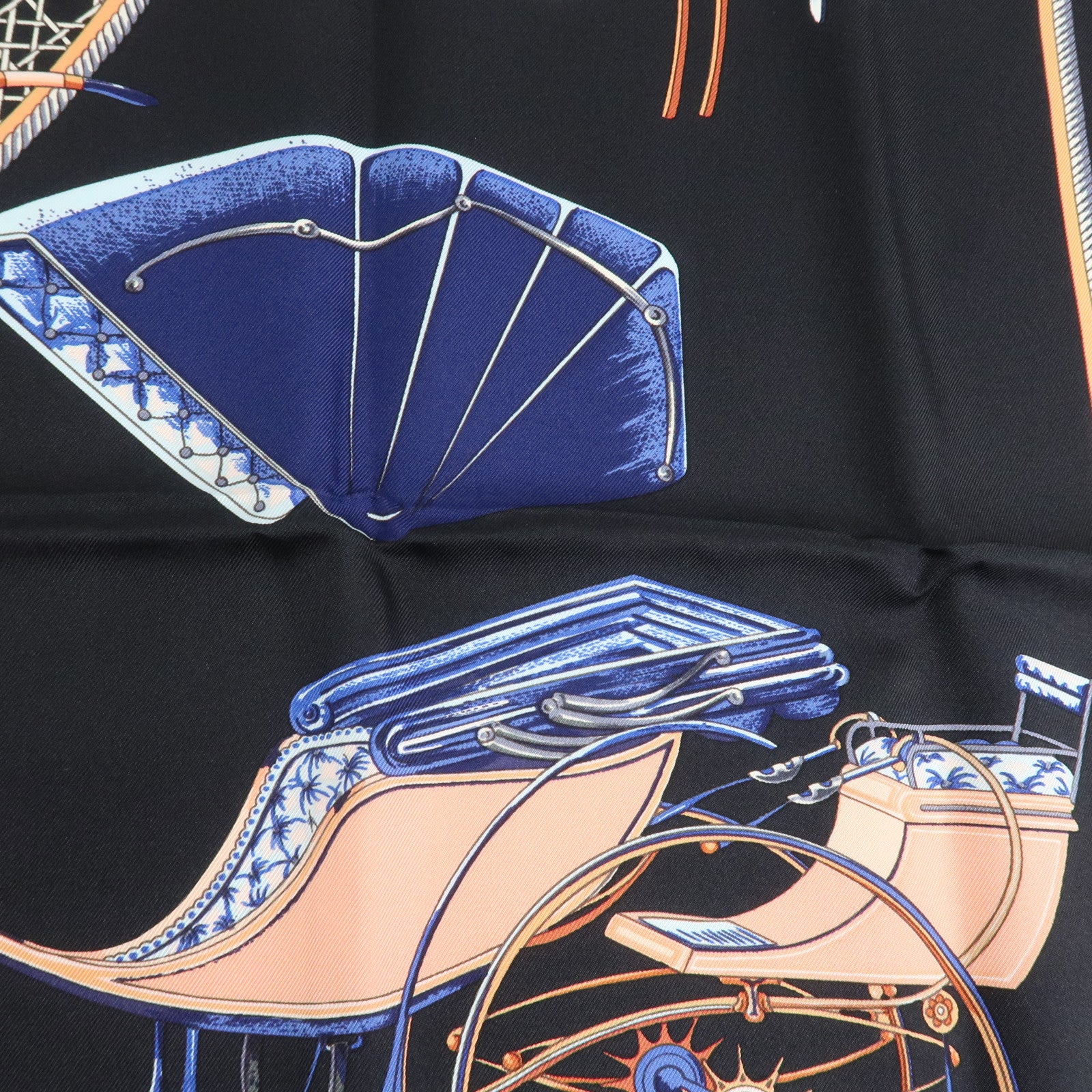 HERMES Carre 90 Silk 100% Scarf CAVALIERS FEULS Knight Print Navy Used