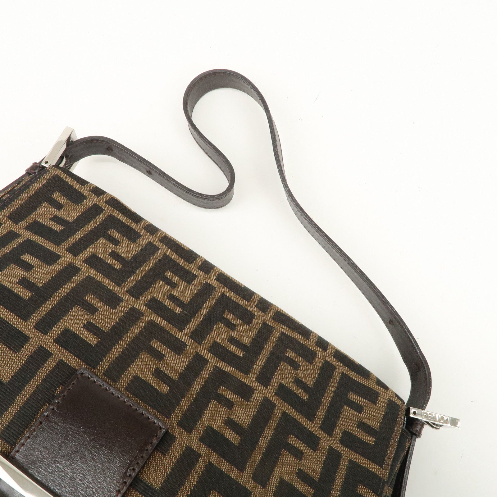 FENDI Mamma Baguette Canvas Leather Shoulder Bag Silver HDW 26325 Used