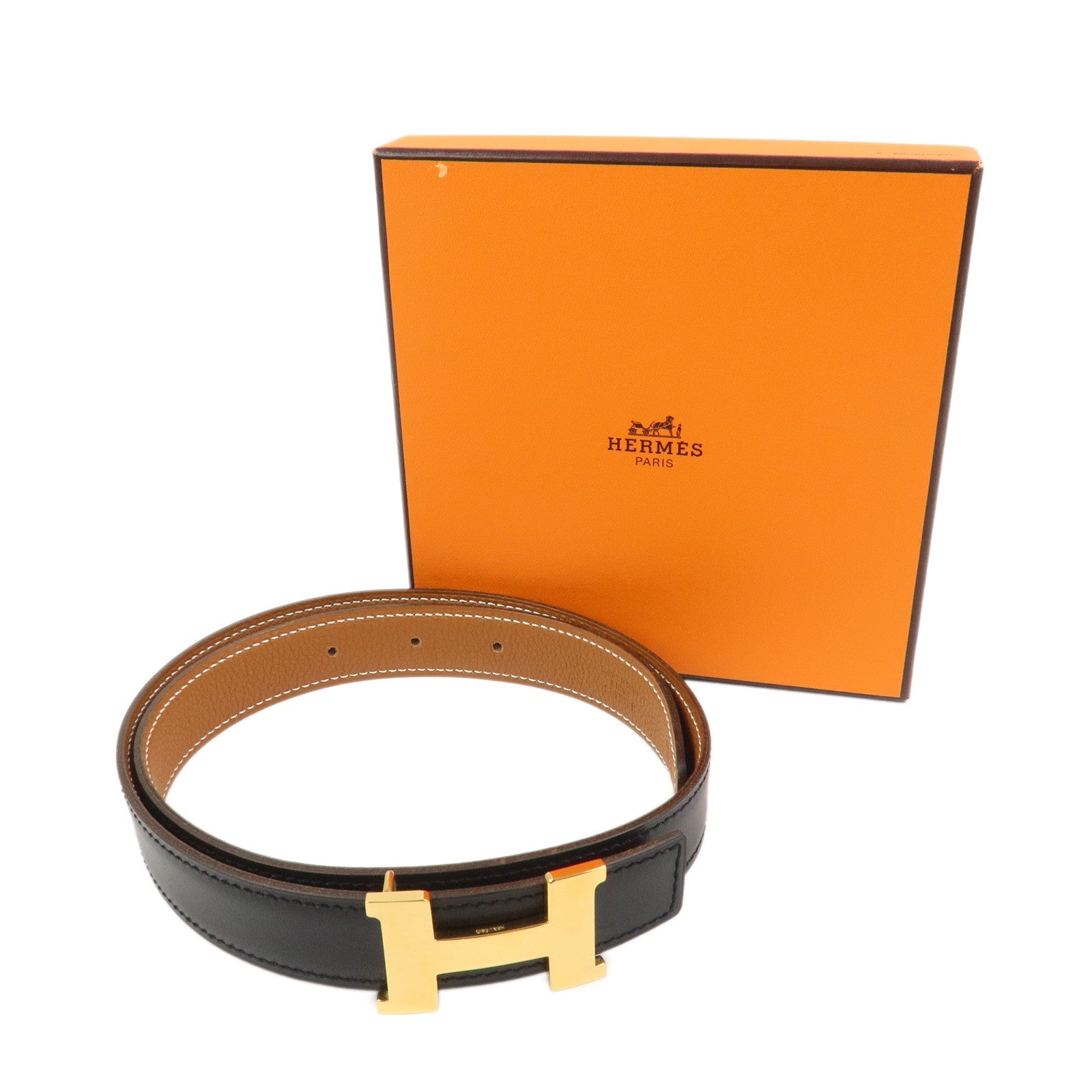HERMES H Buckle □F Stamped Reversible Constance Belt 65 Black Brown