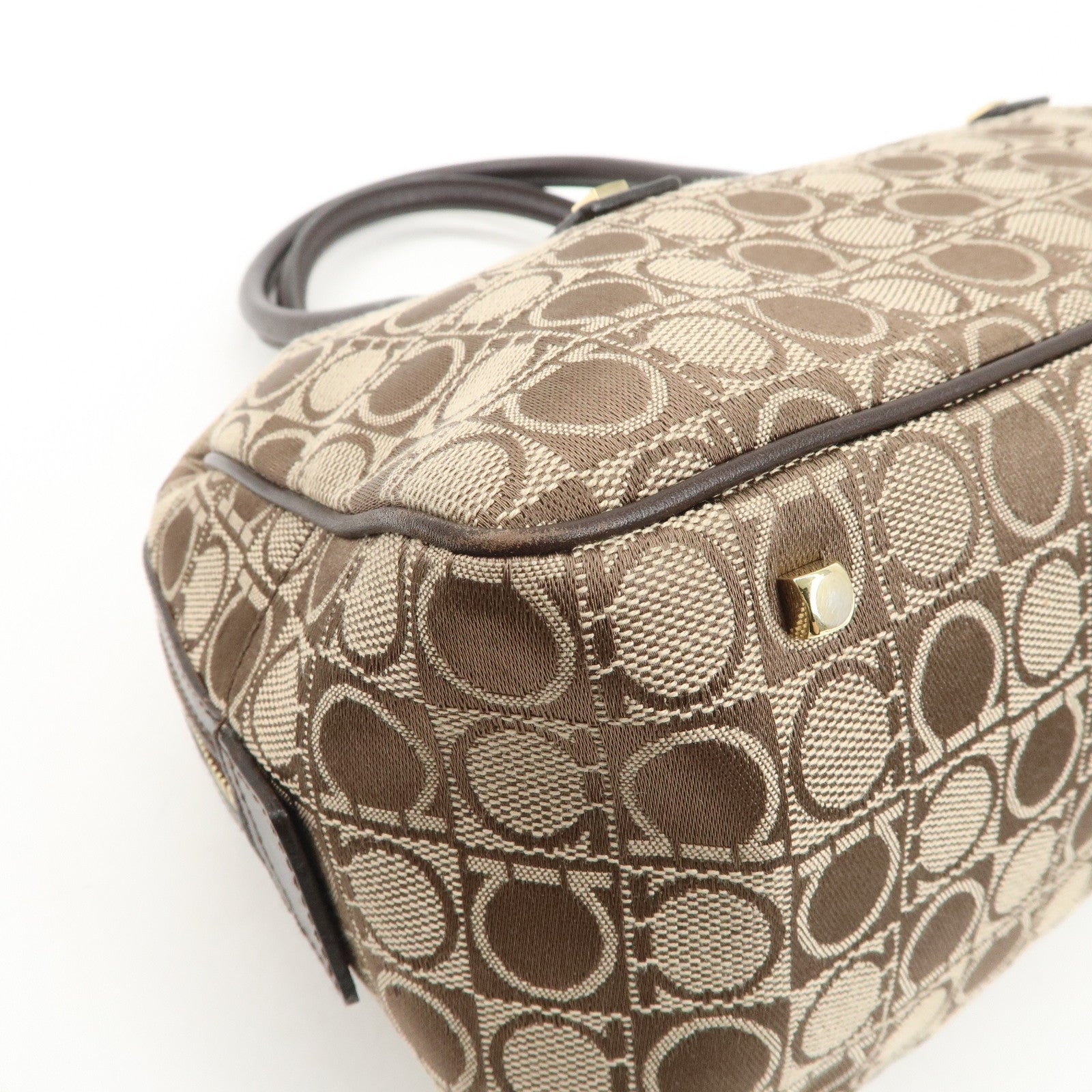 Ferragamo Gancini Leather Canvas Shoulder Bag Hand Bag Beige Brown