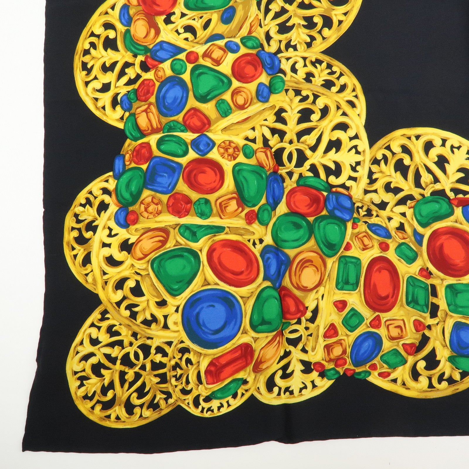 CHANEL Jewelry Motif Silk 100% Scarf Black Yellow Multicolor