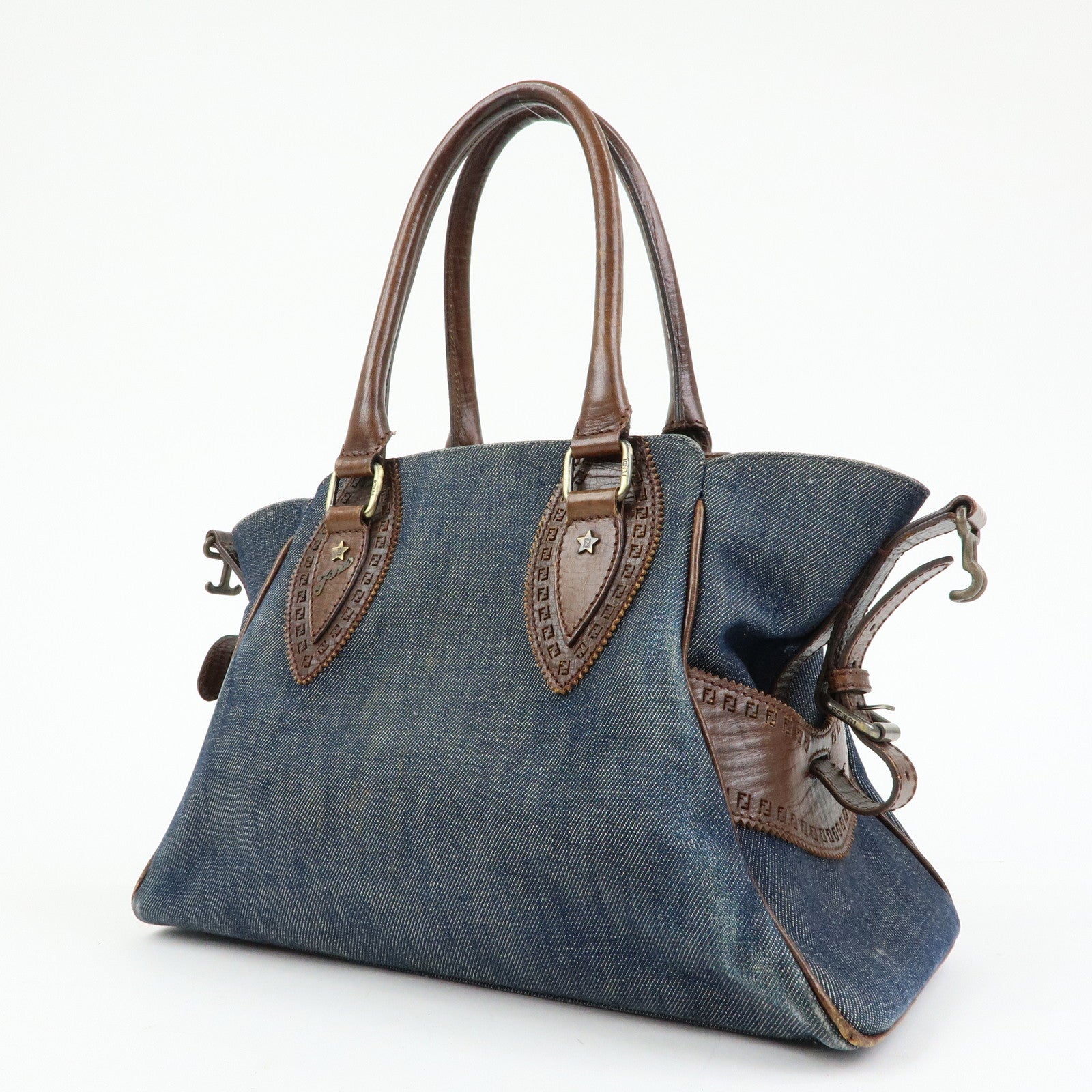 FENDI Etnico Denim Leather Shoulder Bag Indigo Blue Brown 8BN157