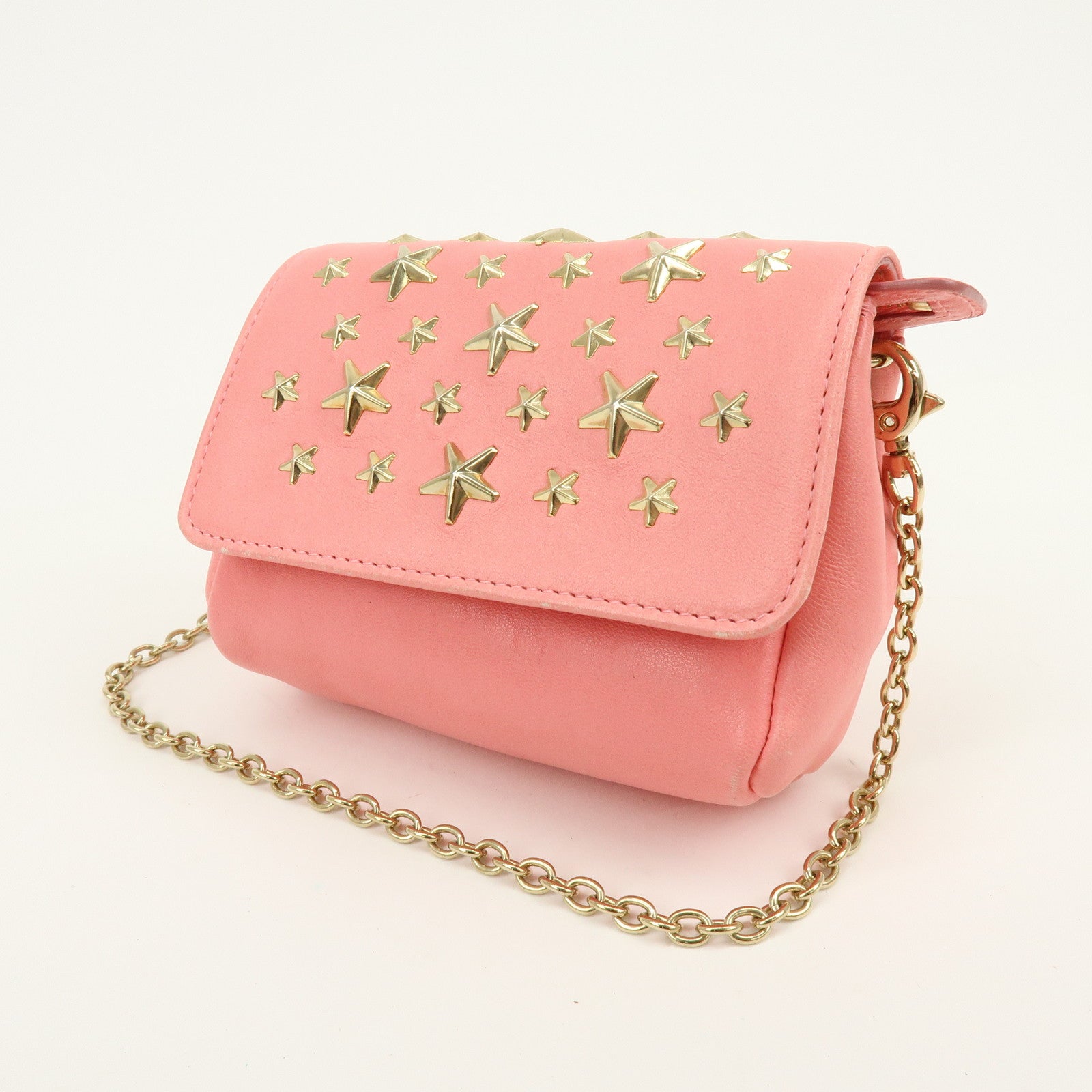 JIMMY CHOO Studs Leather Chain Shoulder Bag Crossbody Bag Pink