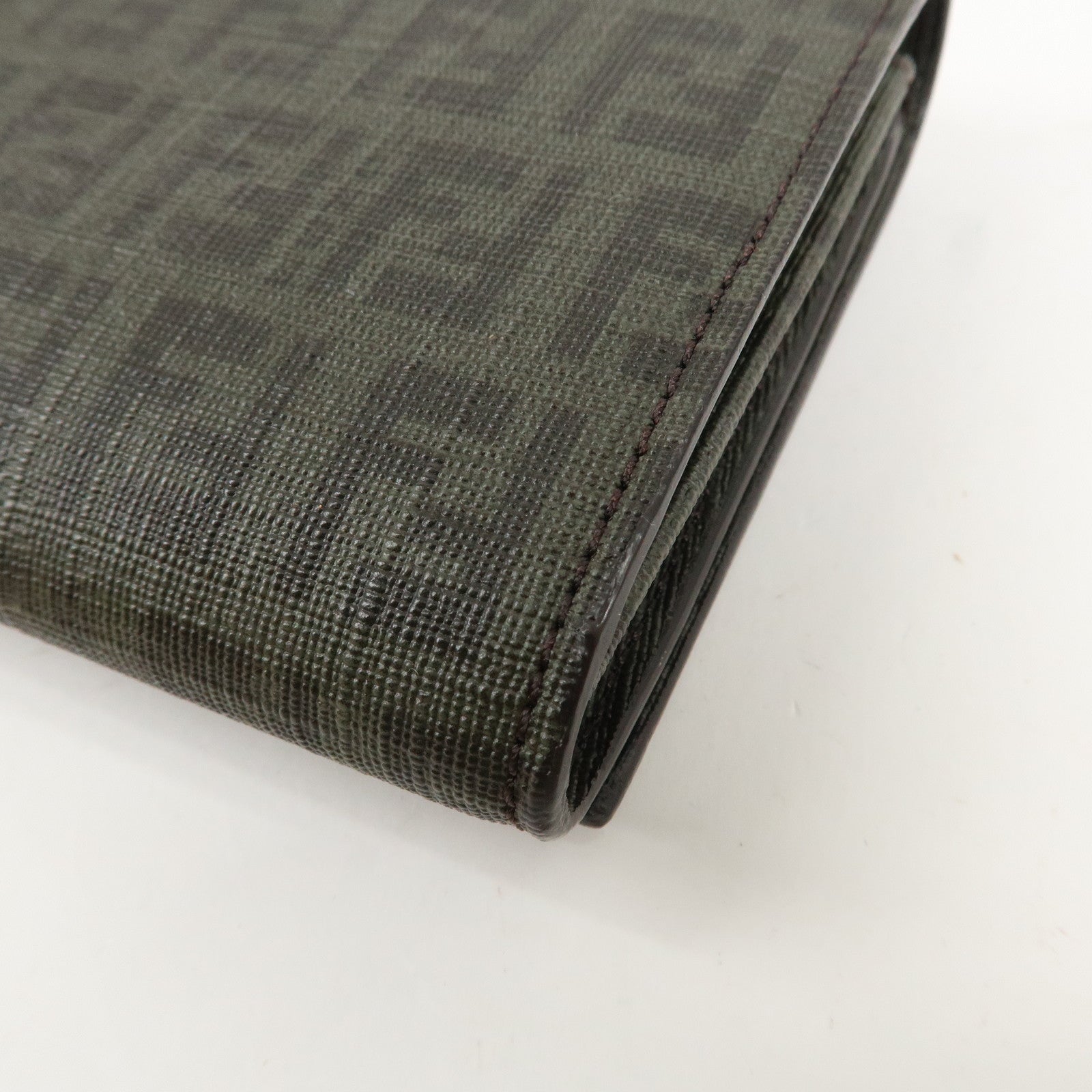 FENDI Zucchino PVC Flap Bi-Fold Long Wallet Black Moss Green 8M0235 Used