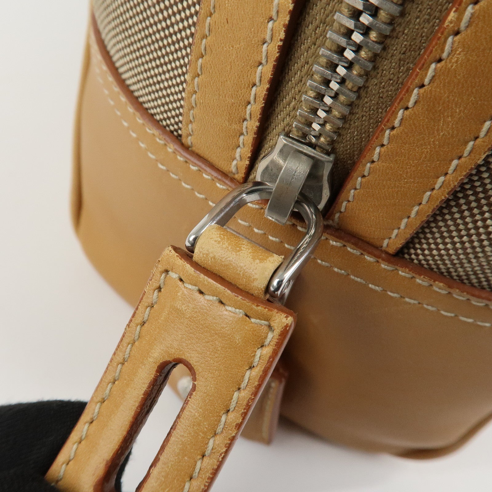 PRADA Logo Jacquard Leather Boston Bag Shoulder Bag Beige Used