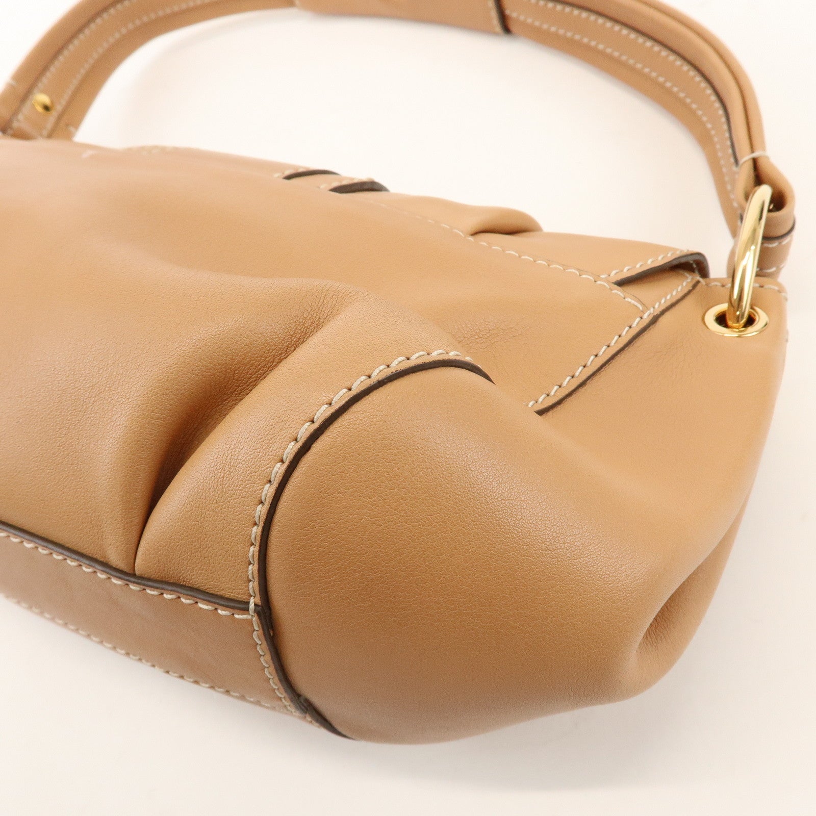 TOD'S Leather Hand Bag Shoulder Bag Circle Lock Light Brown