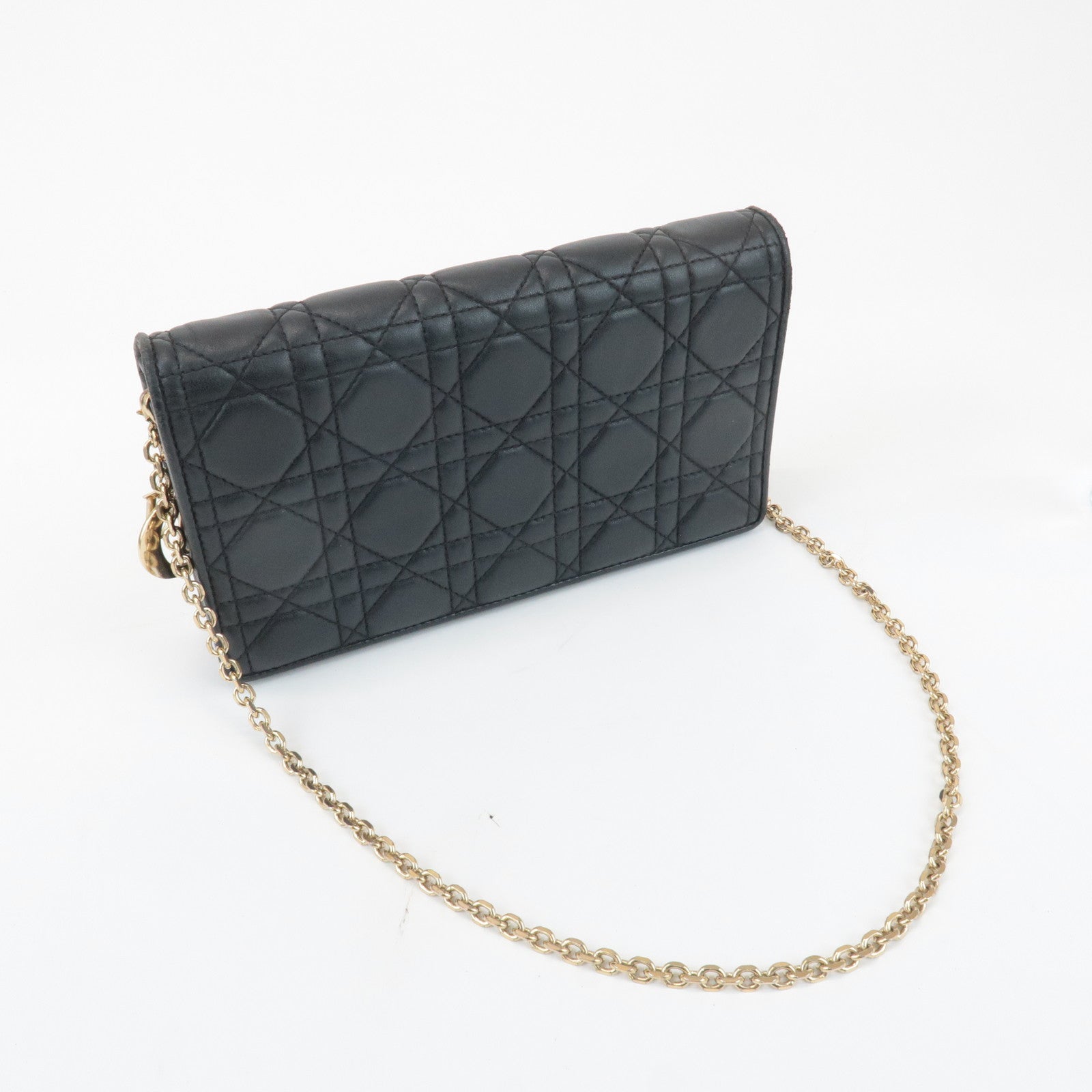 Christian Dior Cannage Leather Chain Shoulder Bag Black Gold Charm