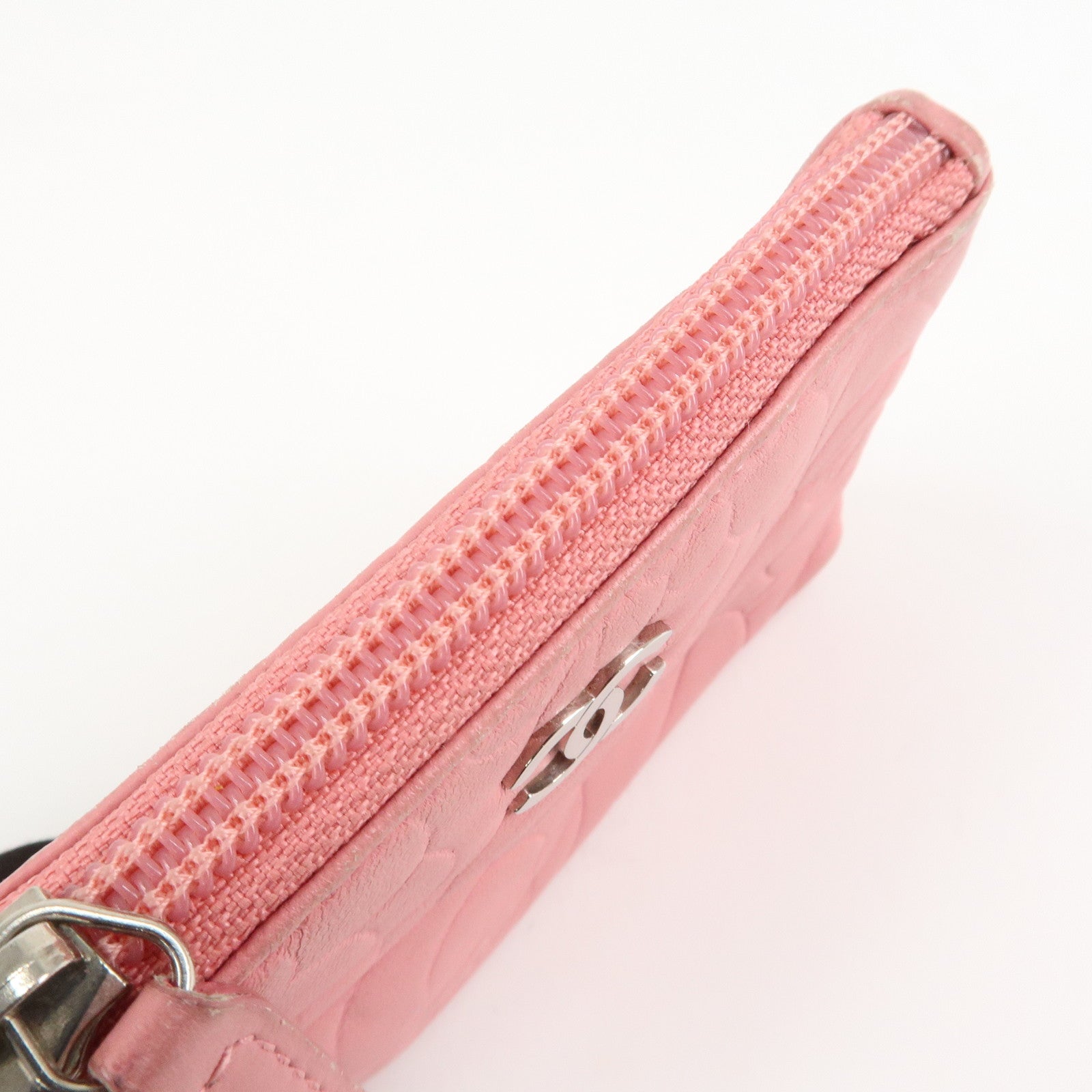 CHANEL Camellia Lamb Skin Leather Coin Case Pink