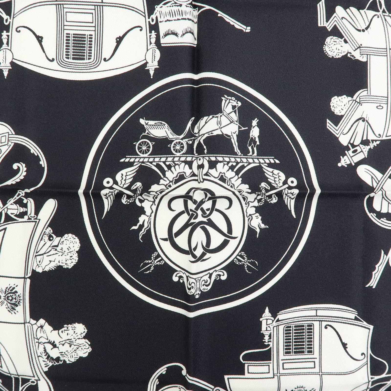 HERMES Carre 42 Silk 100% Ex-Libris Fringe Scarf Black Navy