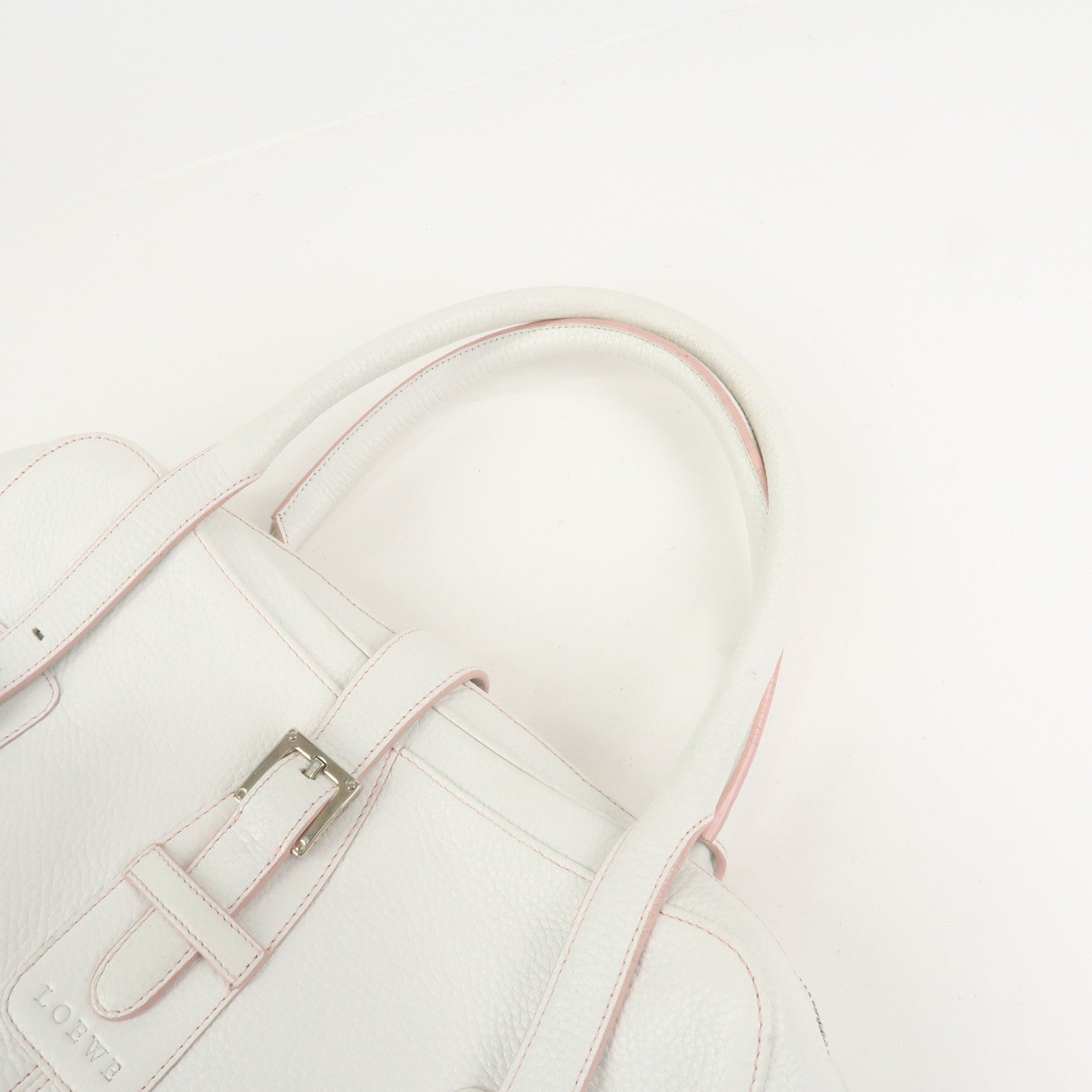 LOEWE Logo Senda Leather Shoulder Bag Boston Bag White Pink